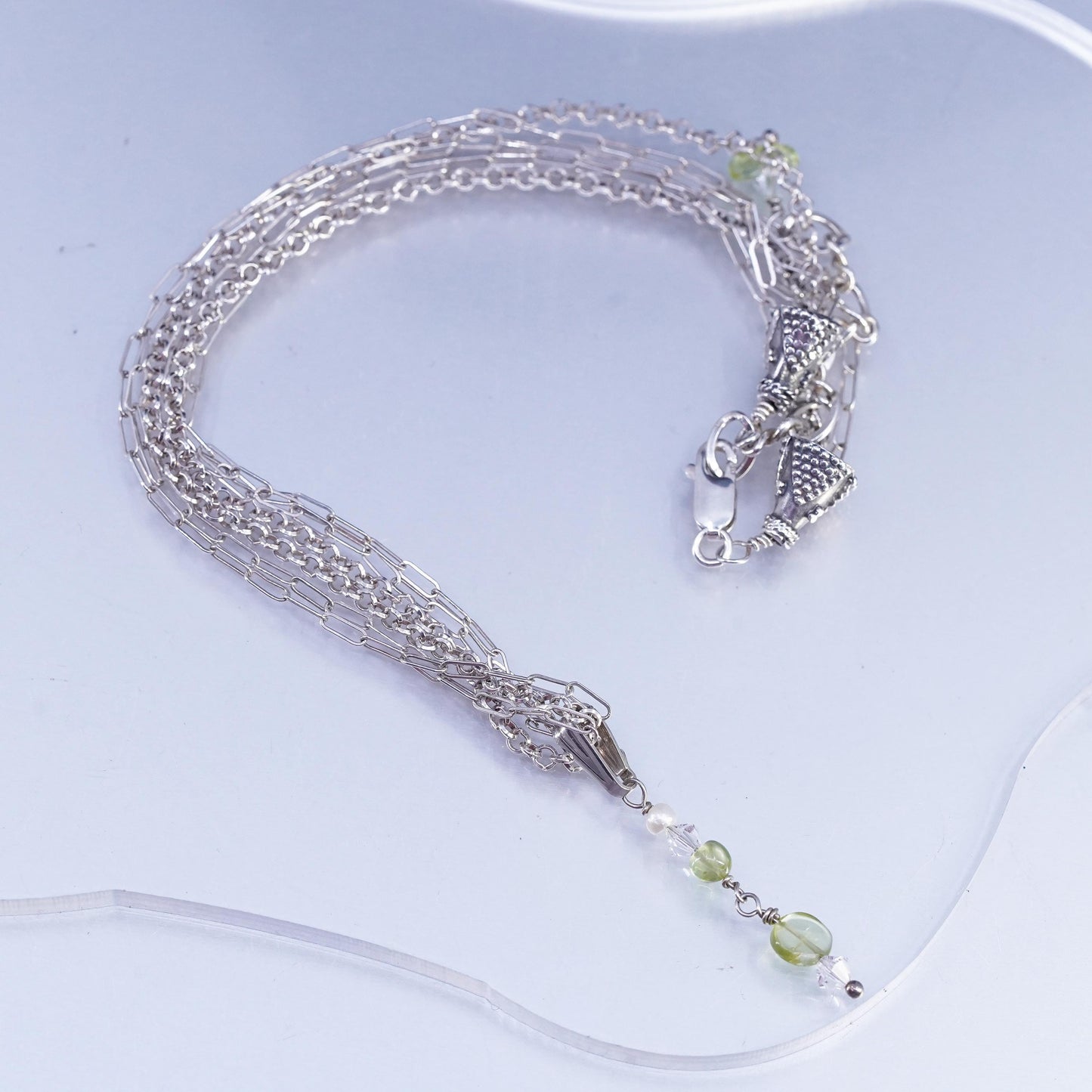 16+2" Sterling 925 silver multi strands elongated oval necklace peridot pendant