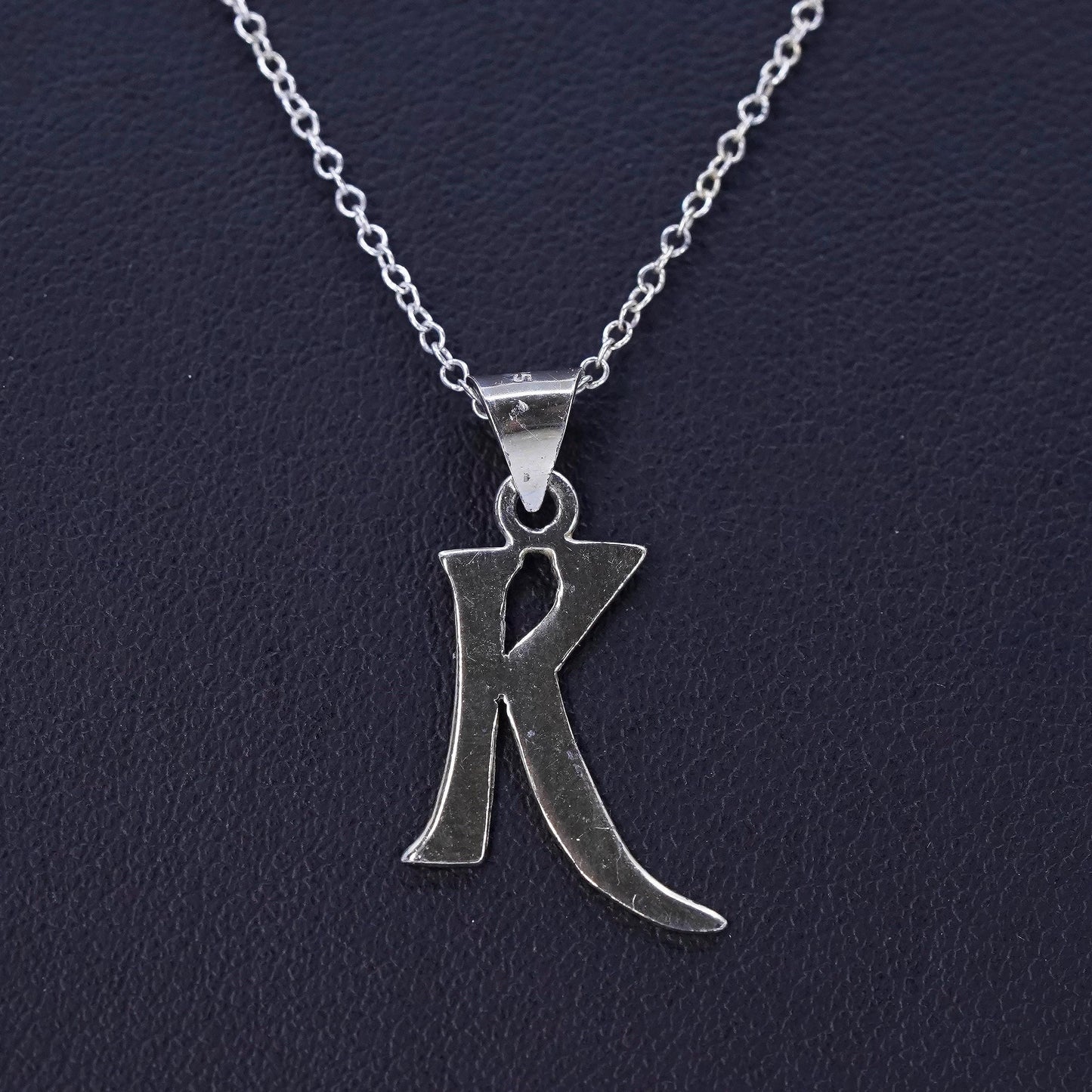18”, vintage Sterling silver necklace, 925 circle chain with letter K pendant