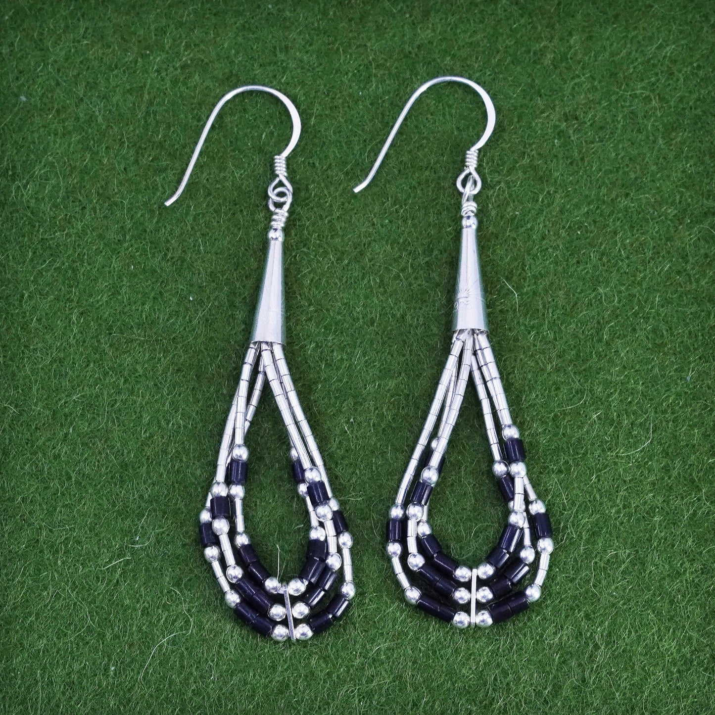 Vintage sterling 925 liquid silver handmade teardrop earrings with onyx beads