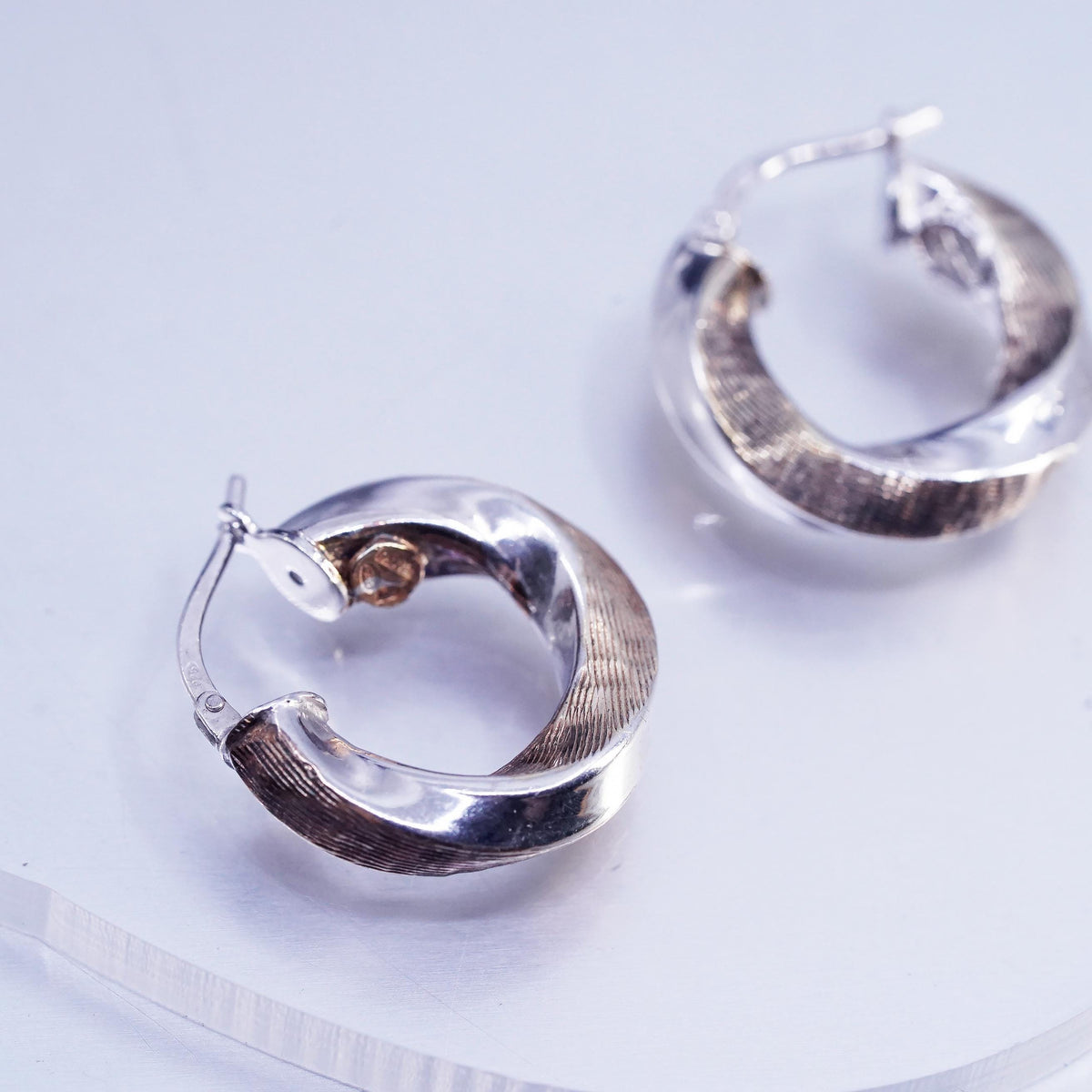 0.75" Two Tone 925 Sterling Silver Handmade Earrings Twisted Chain Studs huggie