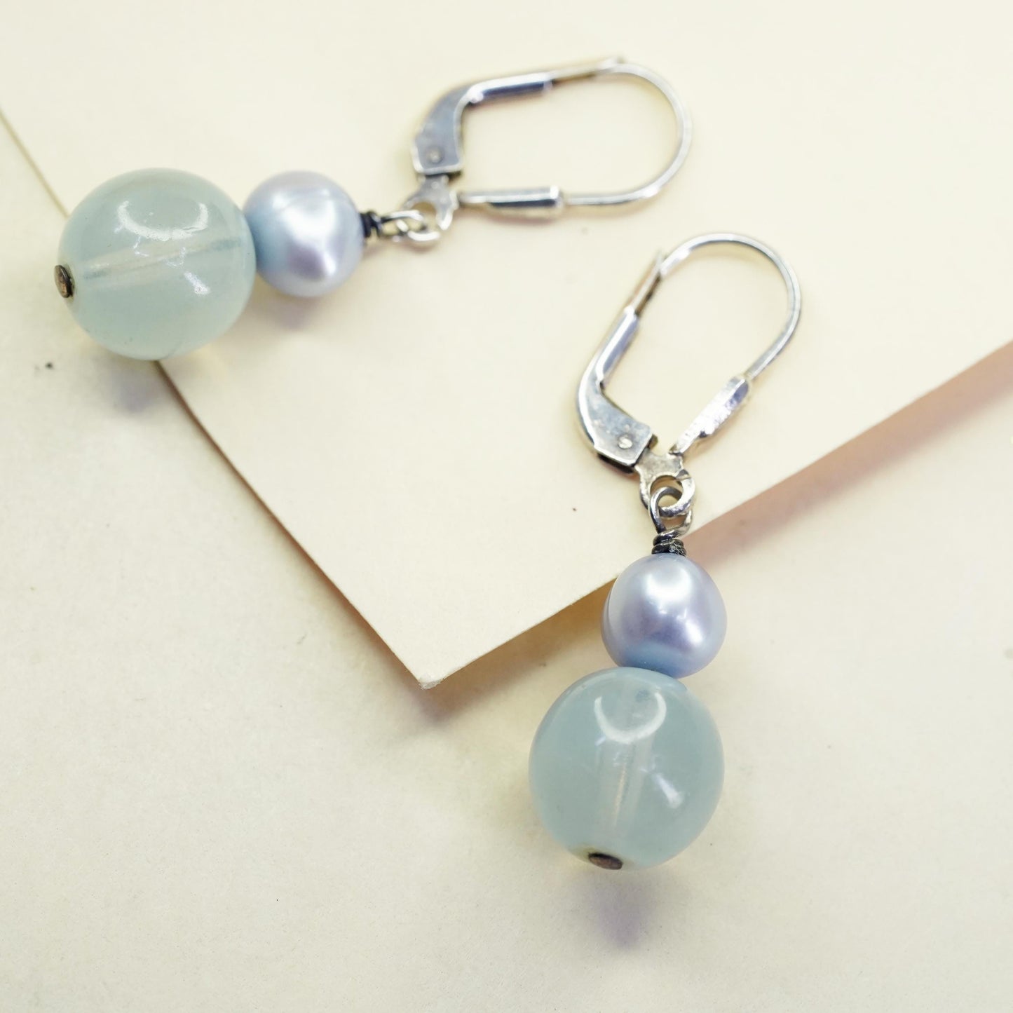 Vintage sterling silver handmade earrings, 925 hooks with jade pearl beads