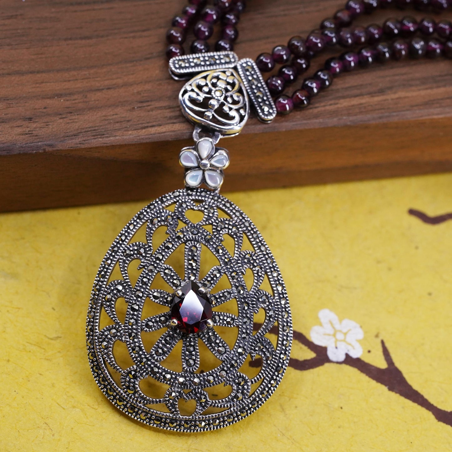 16+2" Sterling 925 silver multi strands necklace marcasite pendant garnet beads