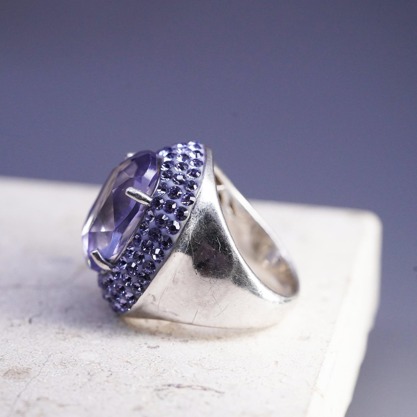 Size 7, vintage AU Sterling 925 silver Statement cocktail ring with amethyst Cz