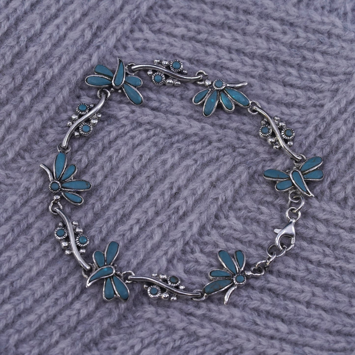 7”, vintage southwestern sterling 925 silver dragonfly bracelet with turquoise