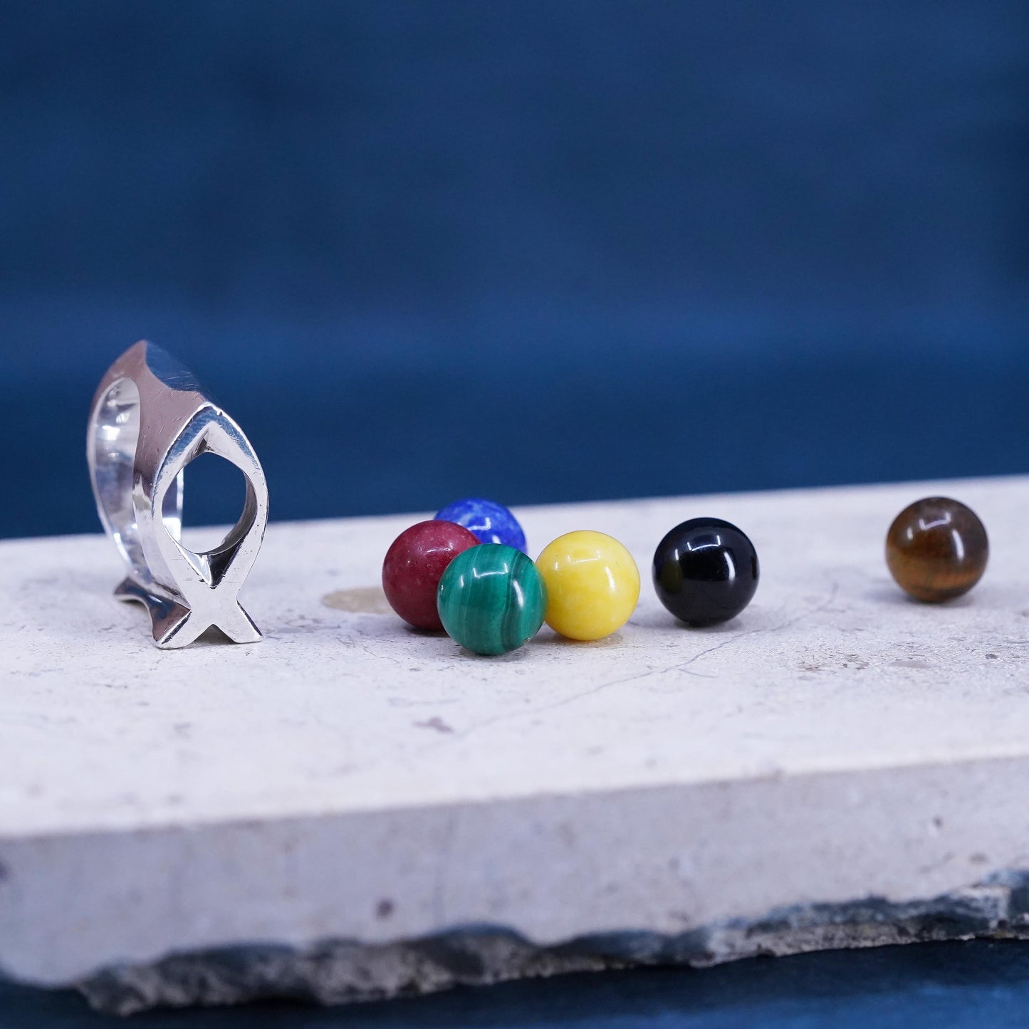 SZ 8, VTG Sterling 925 silver interchangeable fish ring, malachite lapis coral