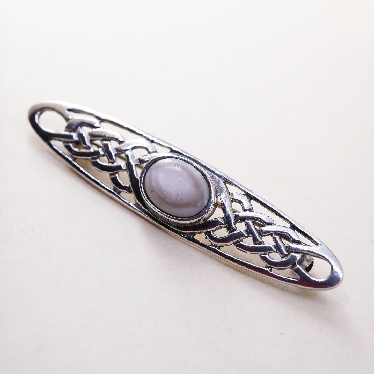 Vintage sterling 925 silver Celtic knot brooch pendant mother of pearl inlay