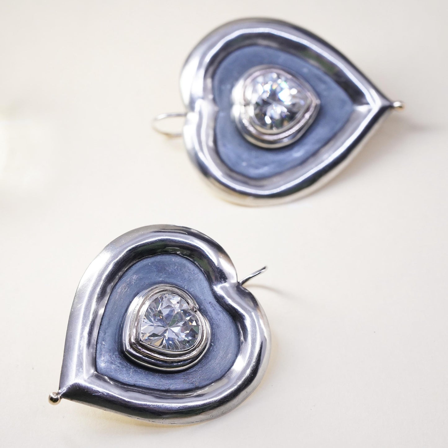 Vintage sterling silver handmade earrings, huge 925 silver heart with CZ