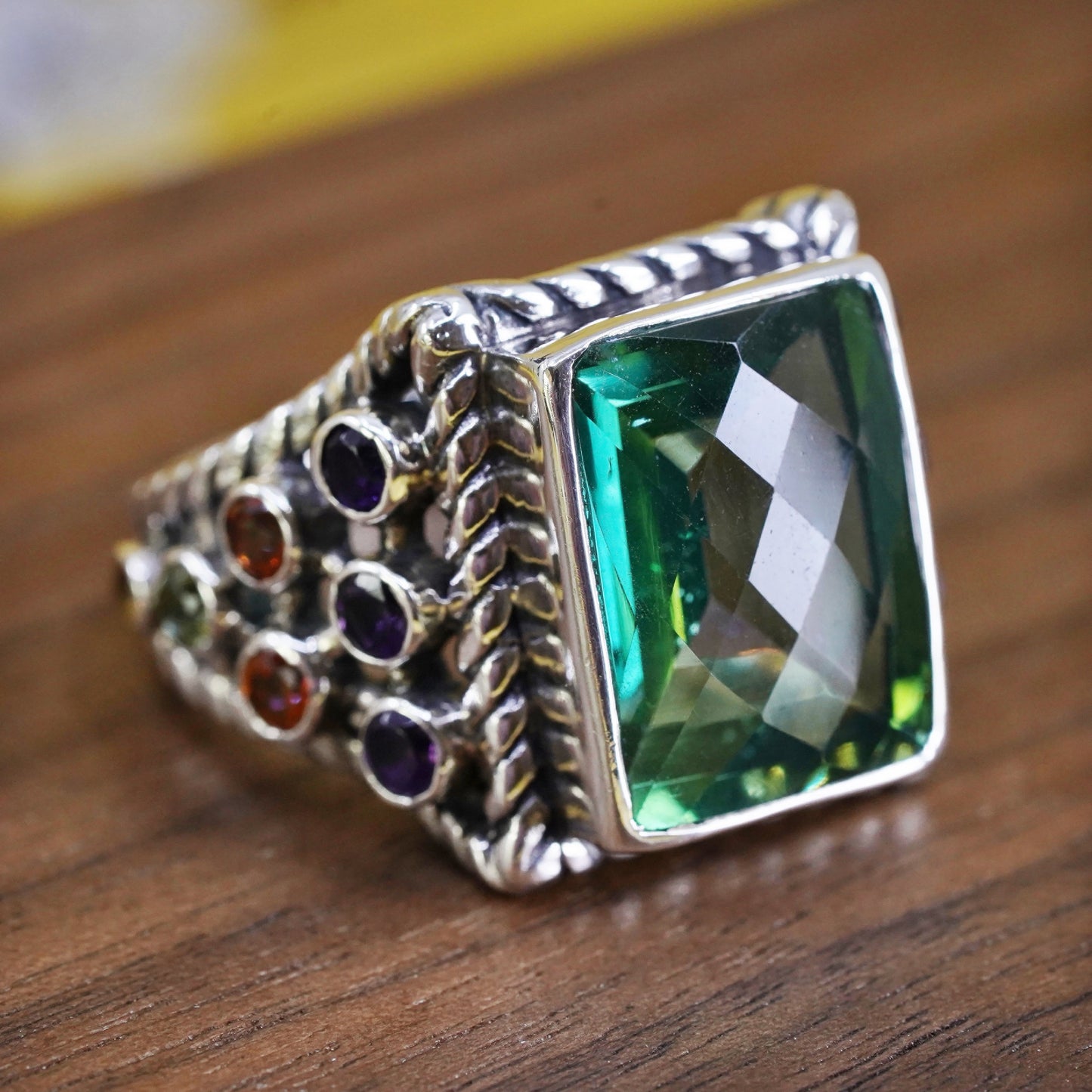 Size 10, Sterling 925 silver ring square peridot amethyst peridot citrine