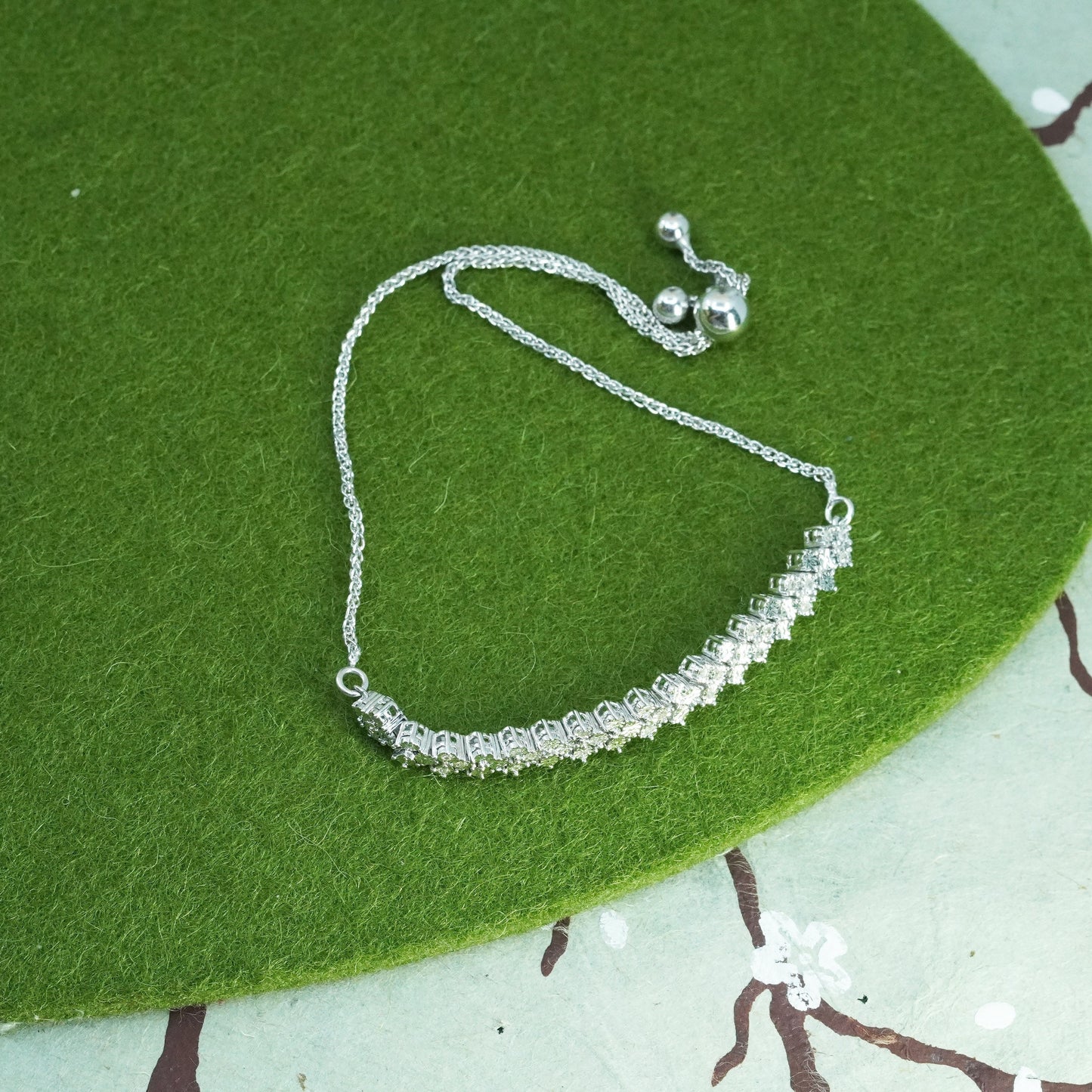 Size adjustable, Vintage sterling 925 silver wheat charm bracelet with diamond