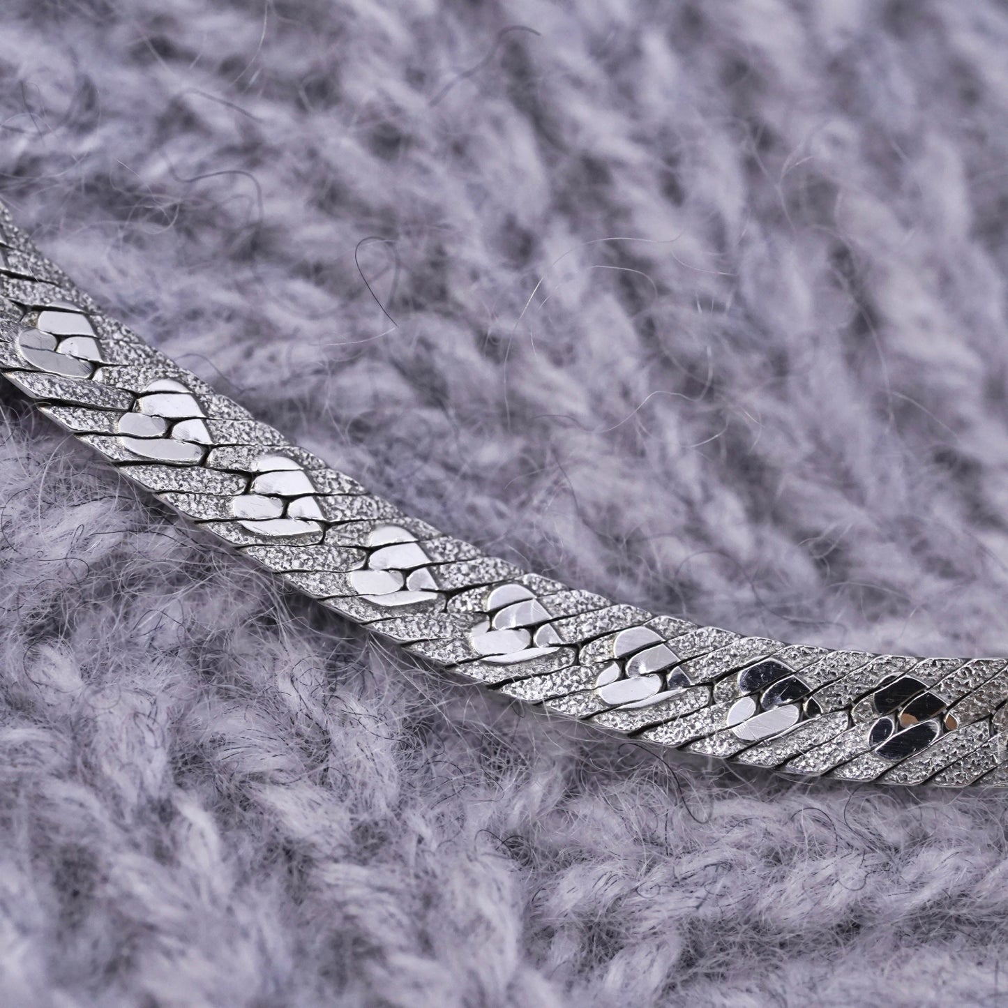 7”, Sterling silver handmade bracelet, heart textured 925 herringbone chain