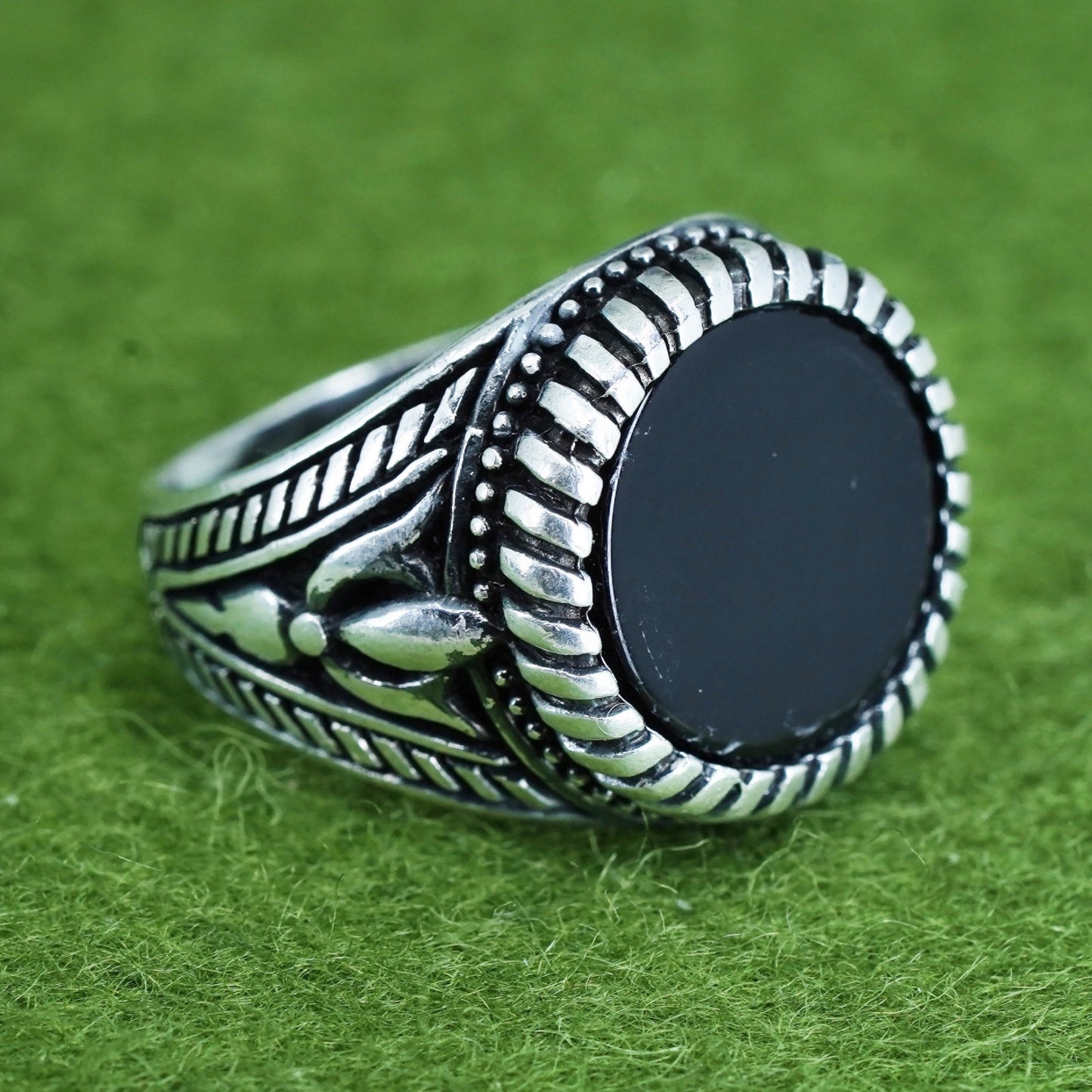 Size 8.25, sterling silver ring, Mexico 925 statement ring with round obsidian