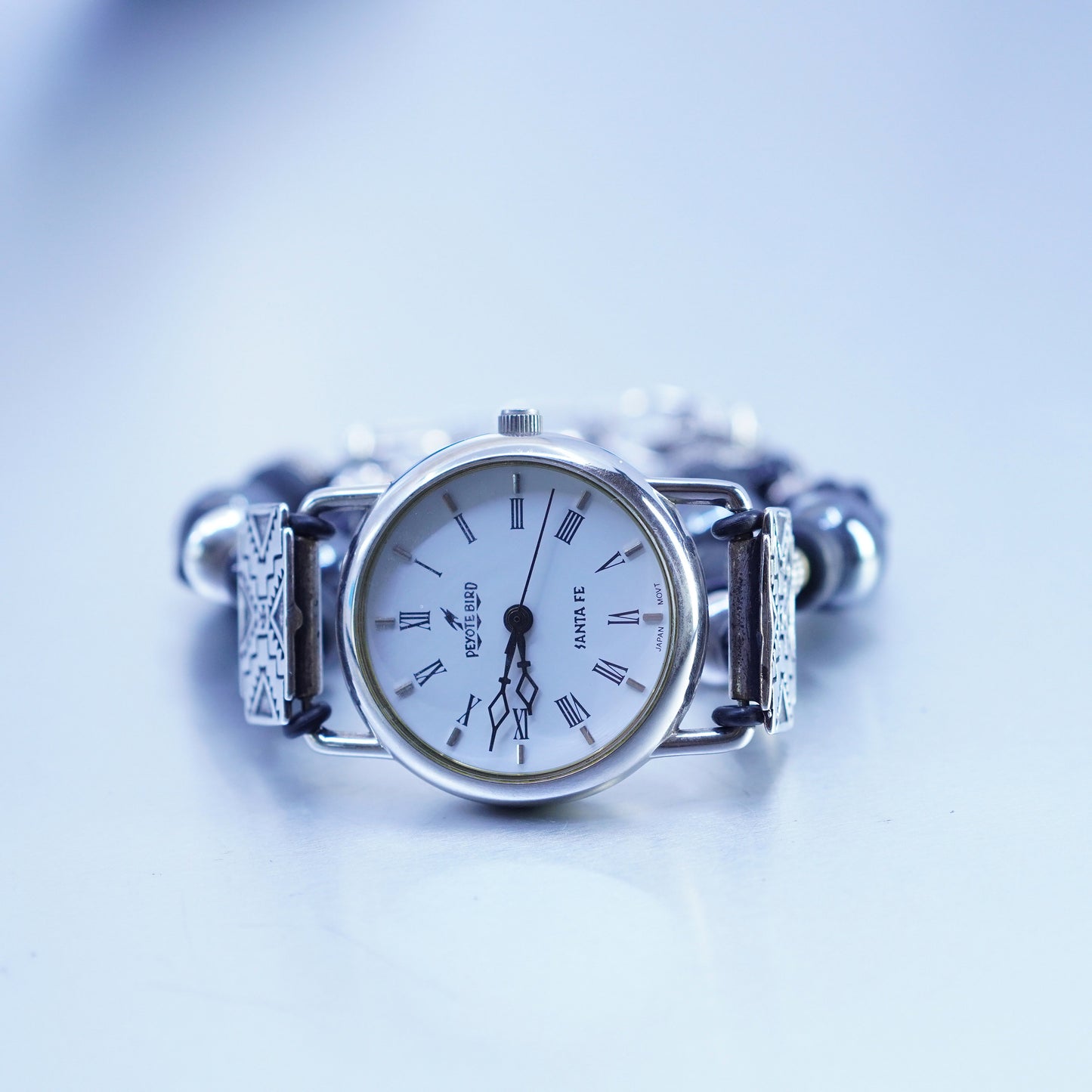 6.5”, Peyote Bird Working Quartz Watch Sterling Silver 925. onyx hematite band