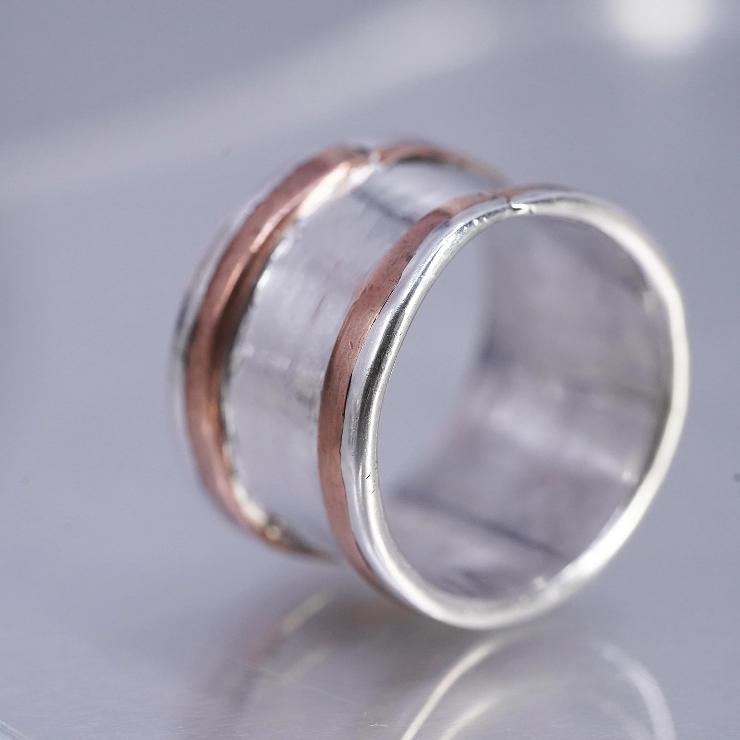 Size 10.5, southwestern Two Tone Sterling Silver Ring, 925 wide Band copper