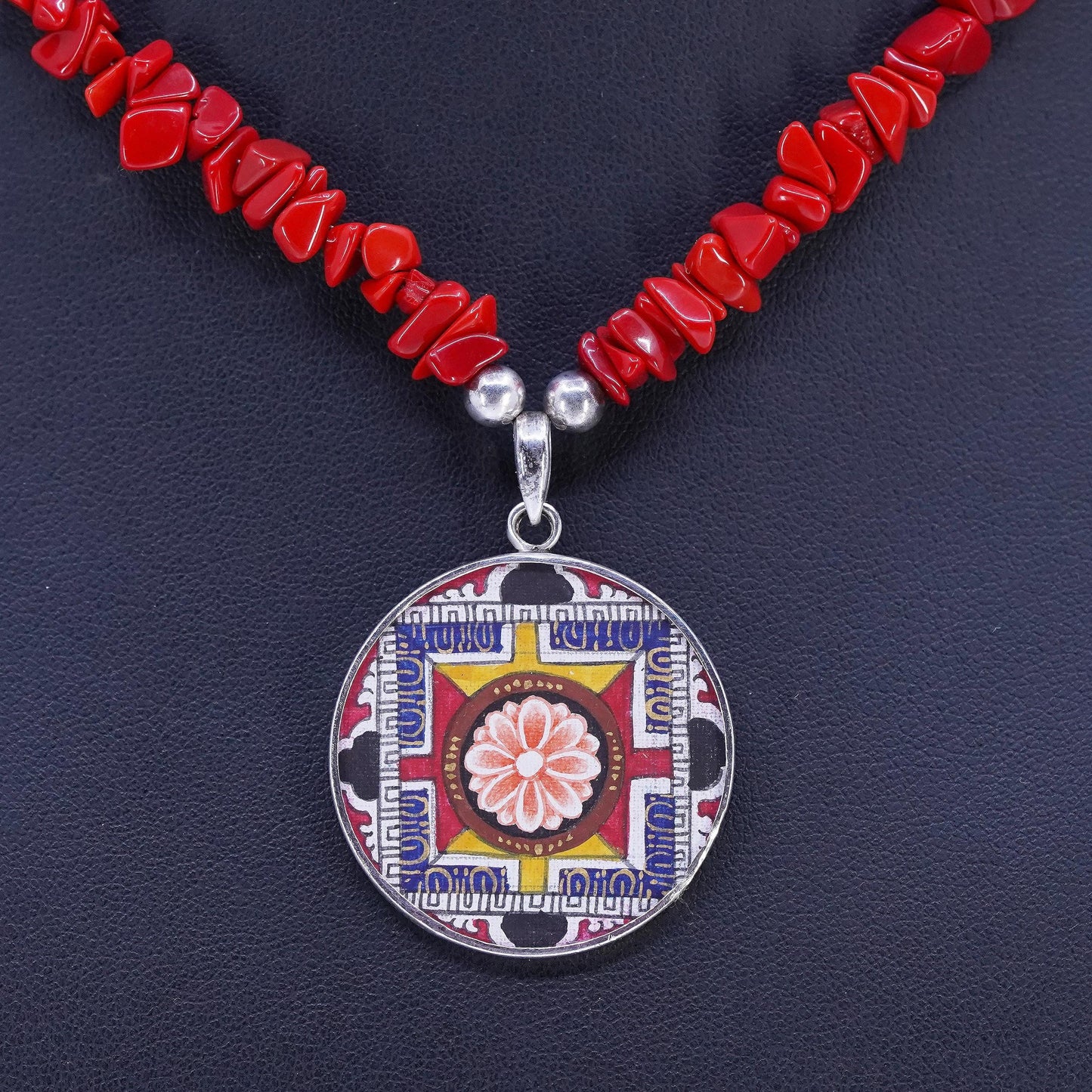 15+2", southwestern Sterling Silver 925 Necklace coral Beads and circle pendant