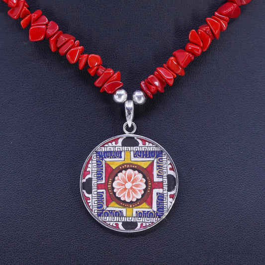 15+2", southwestern Sterling Silver 925 Necklace coral Beads and circle pendant