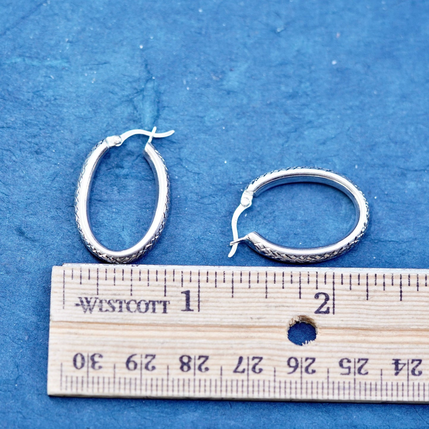 1”, vintage Sterling silver handmade earrings, textured 925 oval hoops, huggie