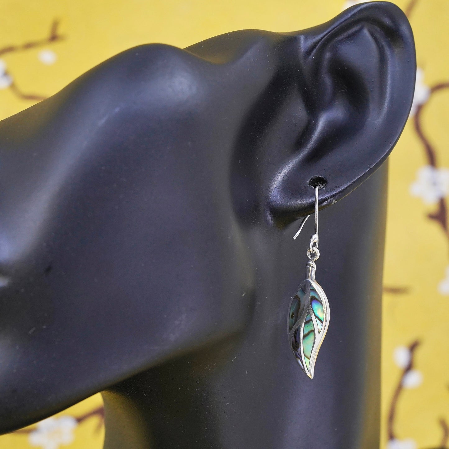Vintage Sterling 925 silver handmade leaf earrings with abalone inlay