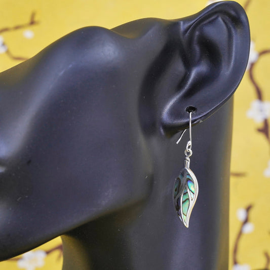 Vintage Sterling 925 silver handmade leaf earrings with abalone inlay