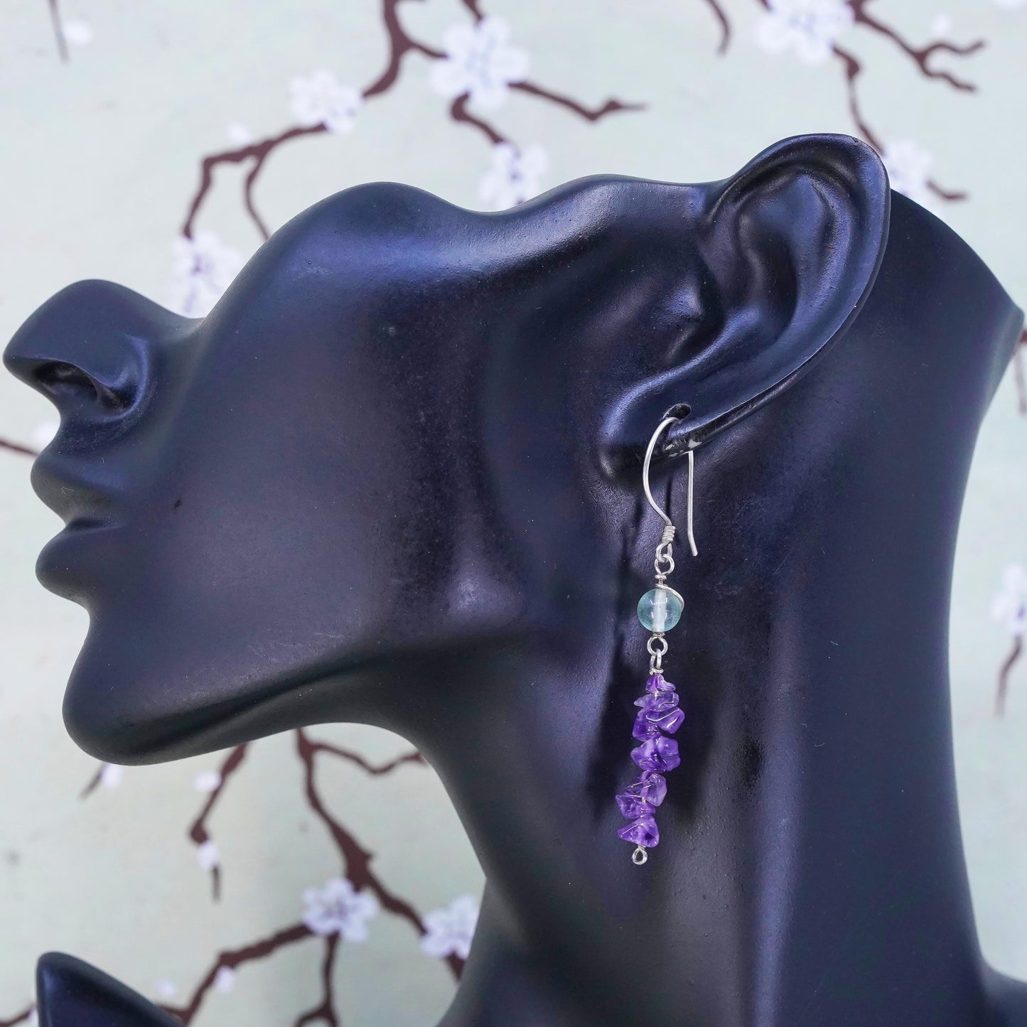 Vintage Sterling 925 silver handmade earrings with amethyst chalcedony nuggets