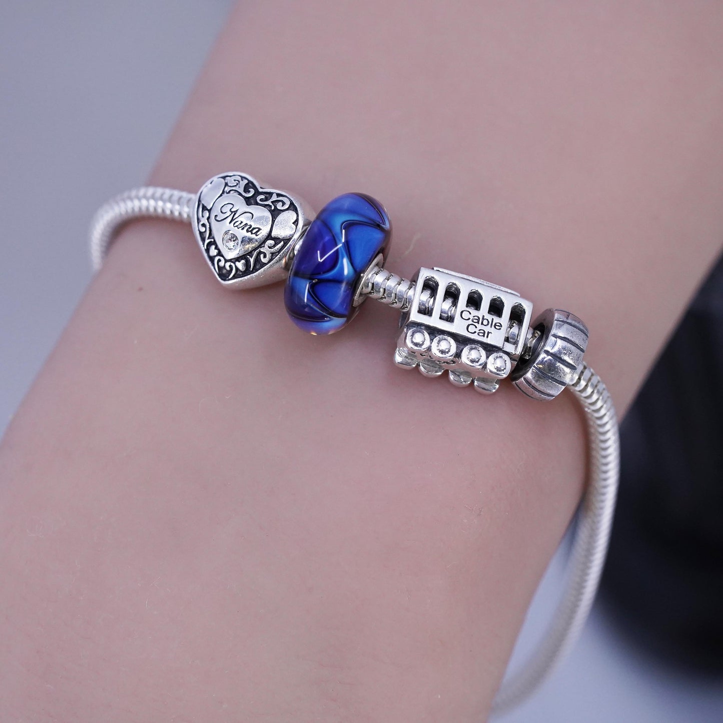 7.25", Michael Anthony Sterling 925 silver snake bracelet heart cable car charm