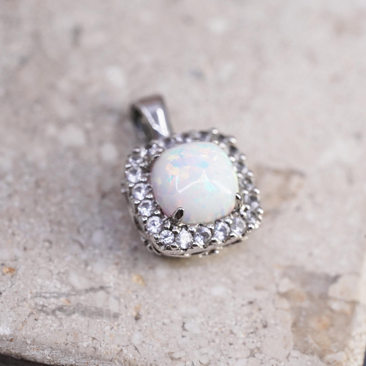 Vintage Sterling 925 silver square opal pendant with genuine diamond holo