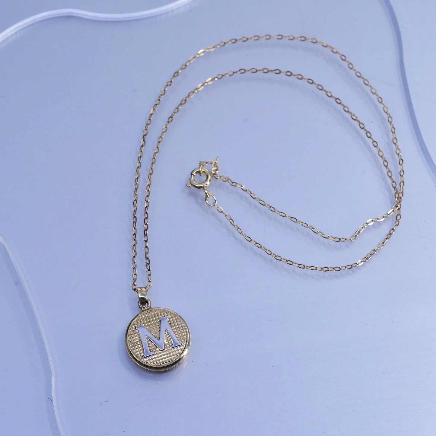 18”, vermeil gold over Sterling 925 silver circle necklace letter M pendant cz