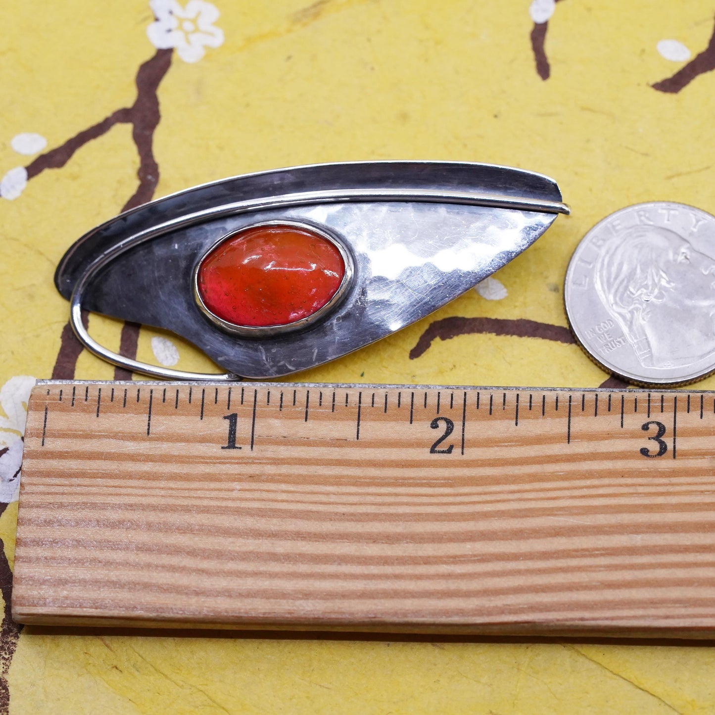 Modernist Sterling Silver 925 Red dragon breath Brooch, Abstract Leaf Pendant