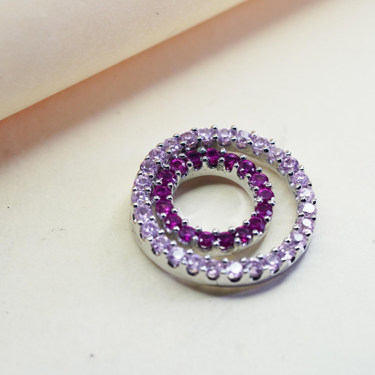 Vintage sterling silver Pendant, 925 double circle with ruby and pink crystal