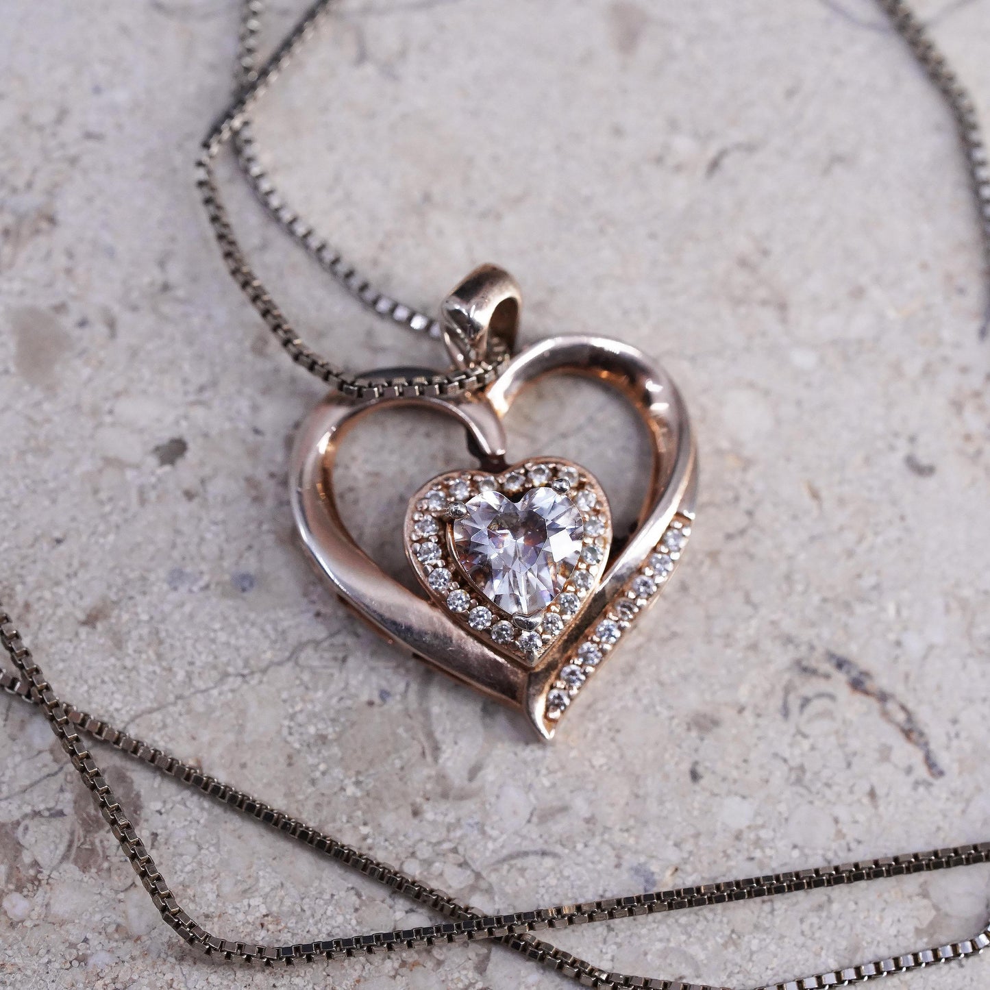 18+2", vintage Sterling silver necklace, 925 box chain cluster cz heart pendant