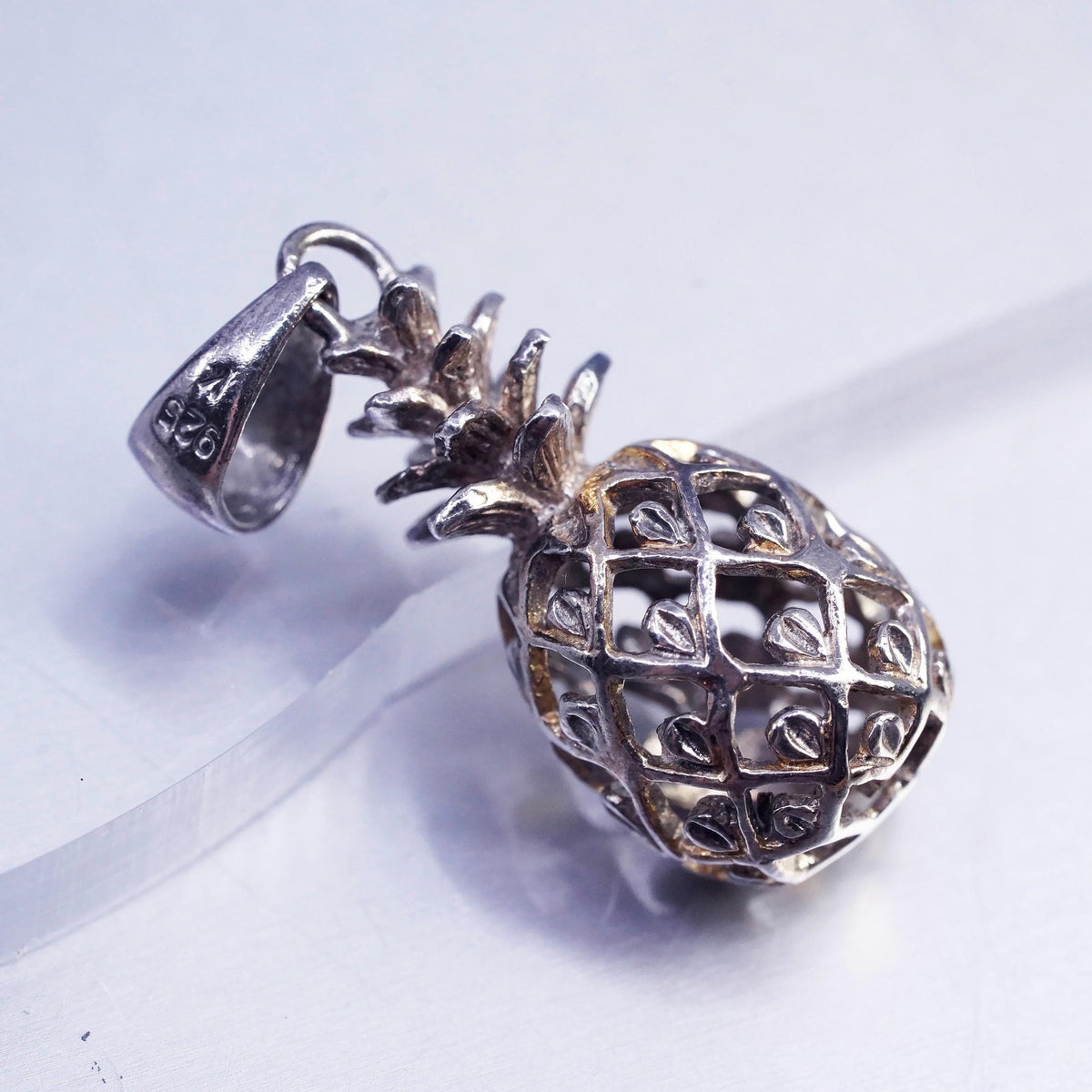 Vintage Sterling silver handmade charm, 925 pineapple pendant with heart