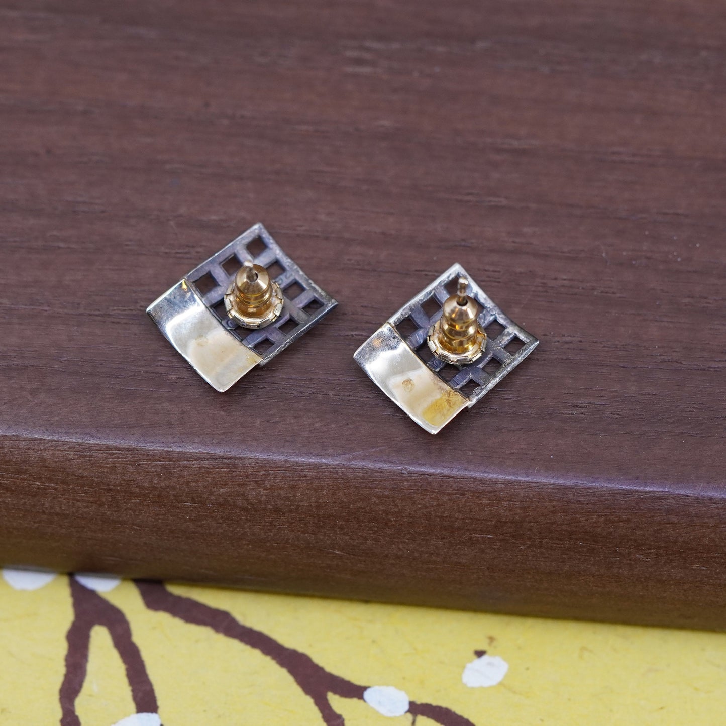 Vintage 14K accent with Sterling silver handmade earrings, modern 925 studs