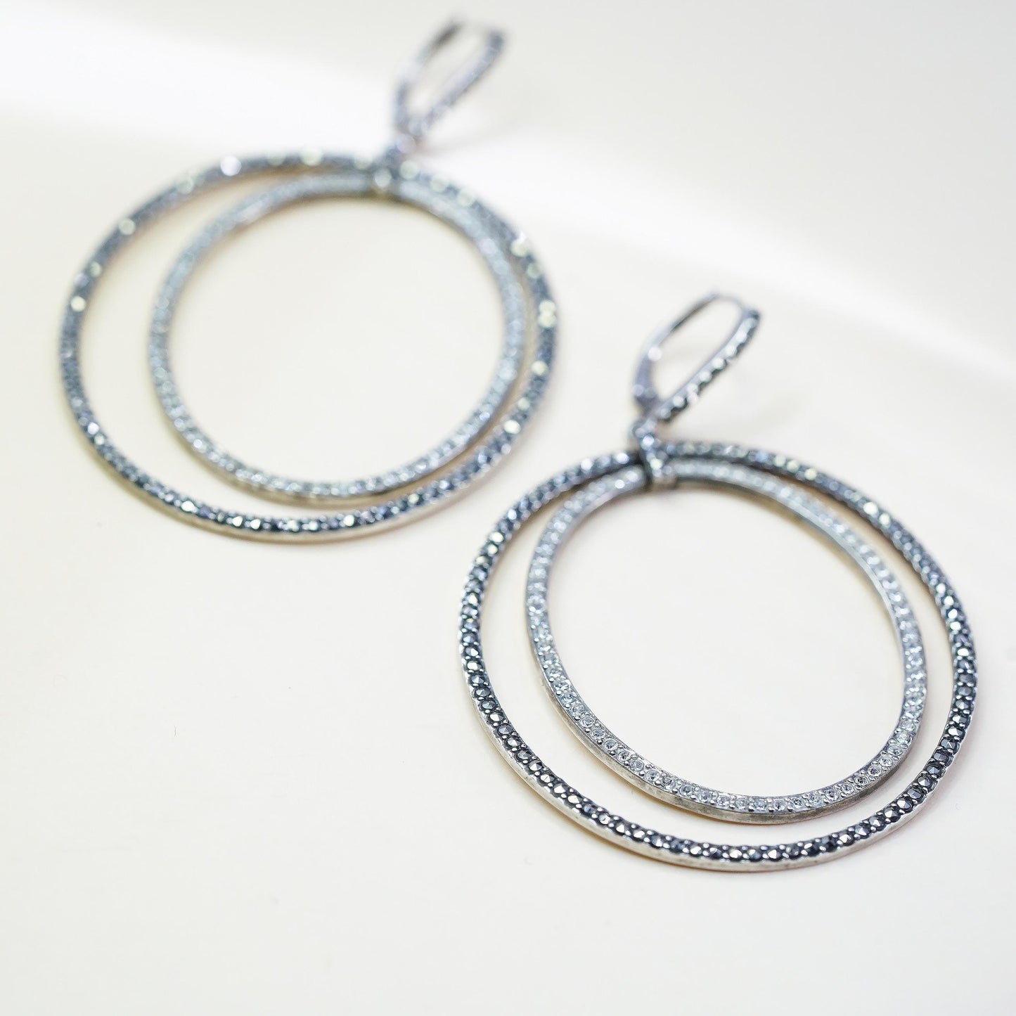VTG Judith Jack 925 Sterling Silver Double Oval Hoops, Marcasite CZ Earrings