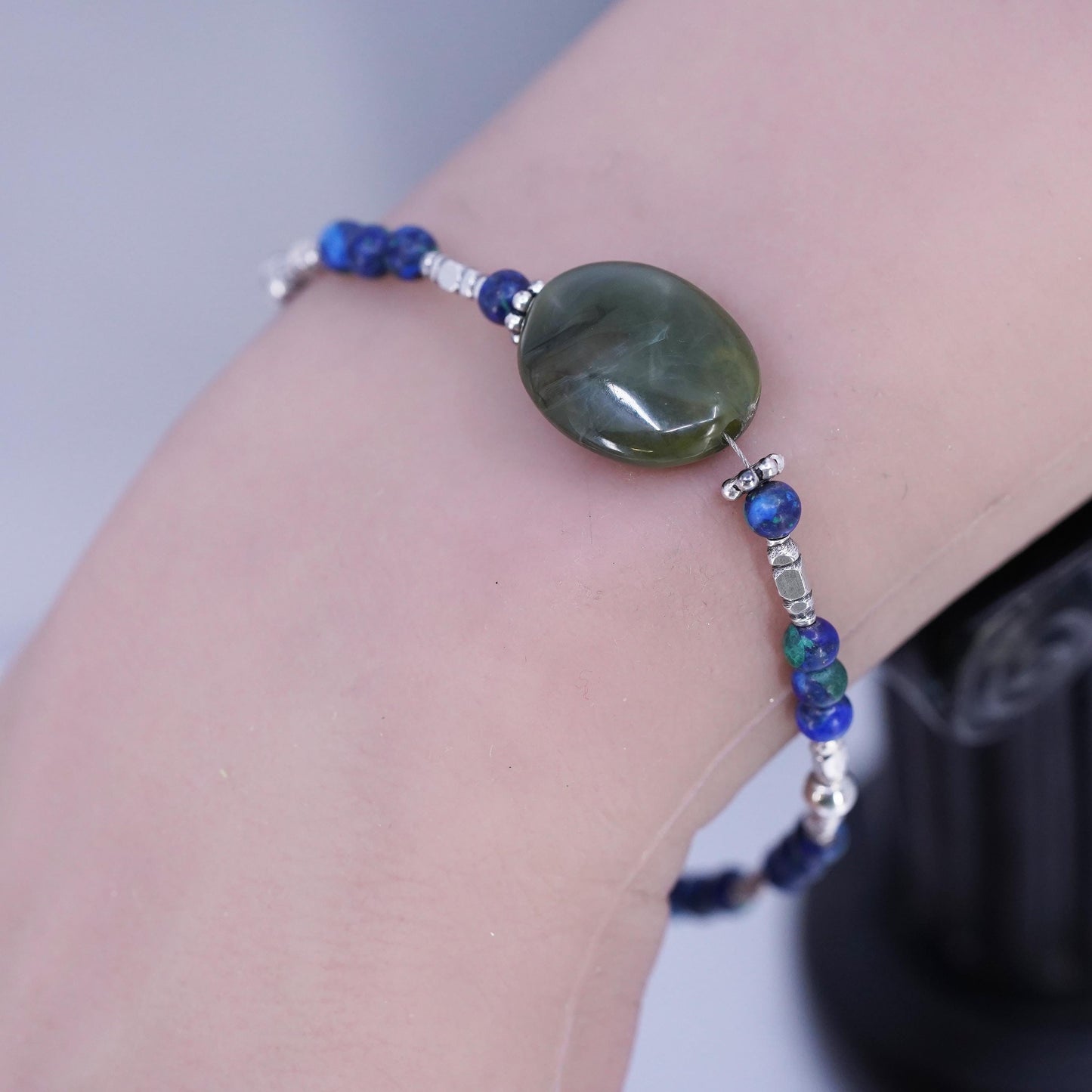7.75", Vintage Sterling 925 Silver Handmade ammonite Bead Bracelet Jade charm