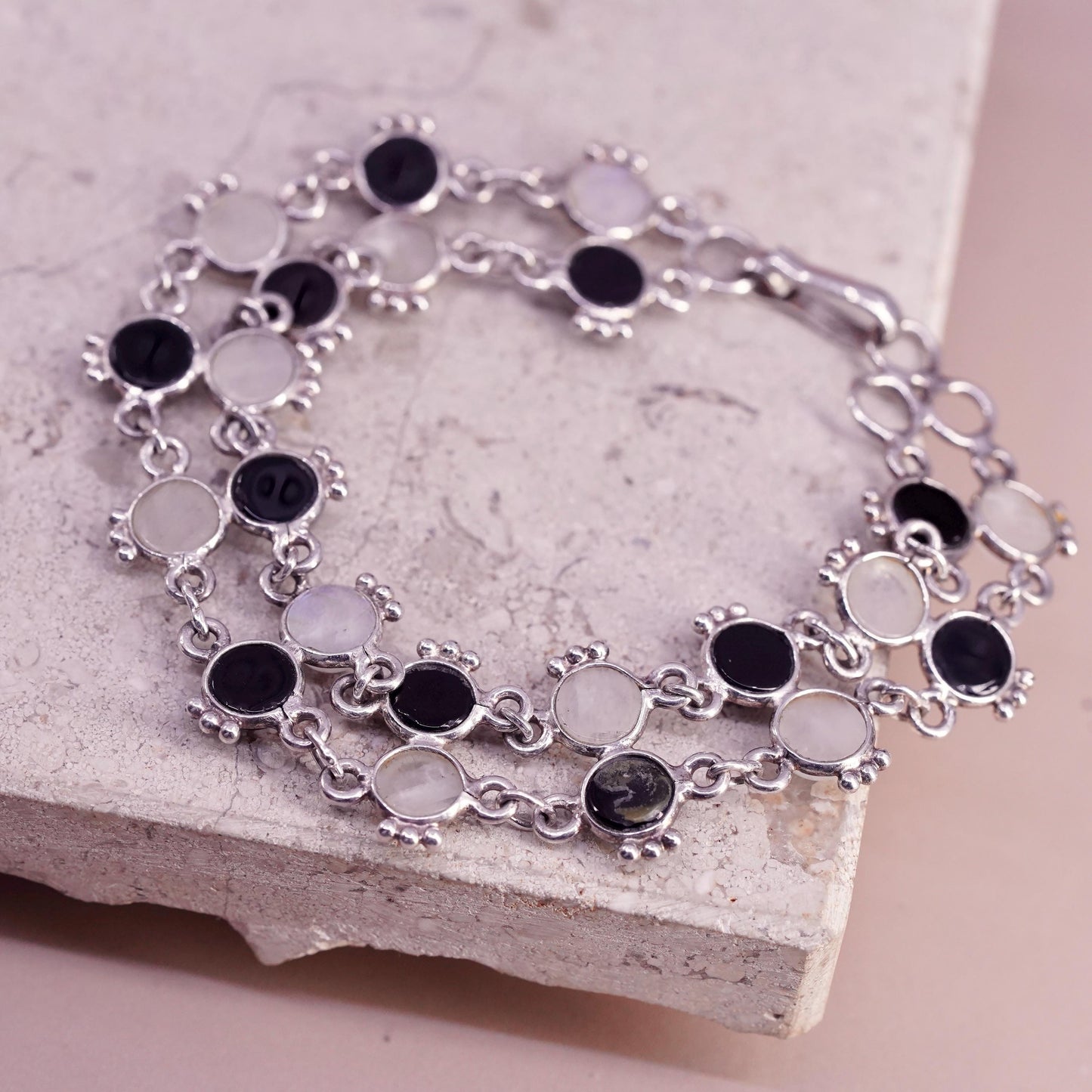 7", vintage sterling 925 silver handmade bracelet with moonstone and onyx