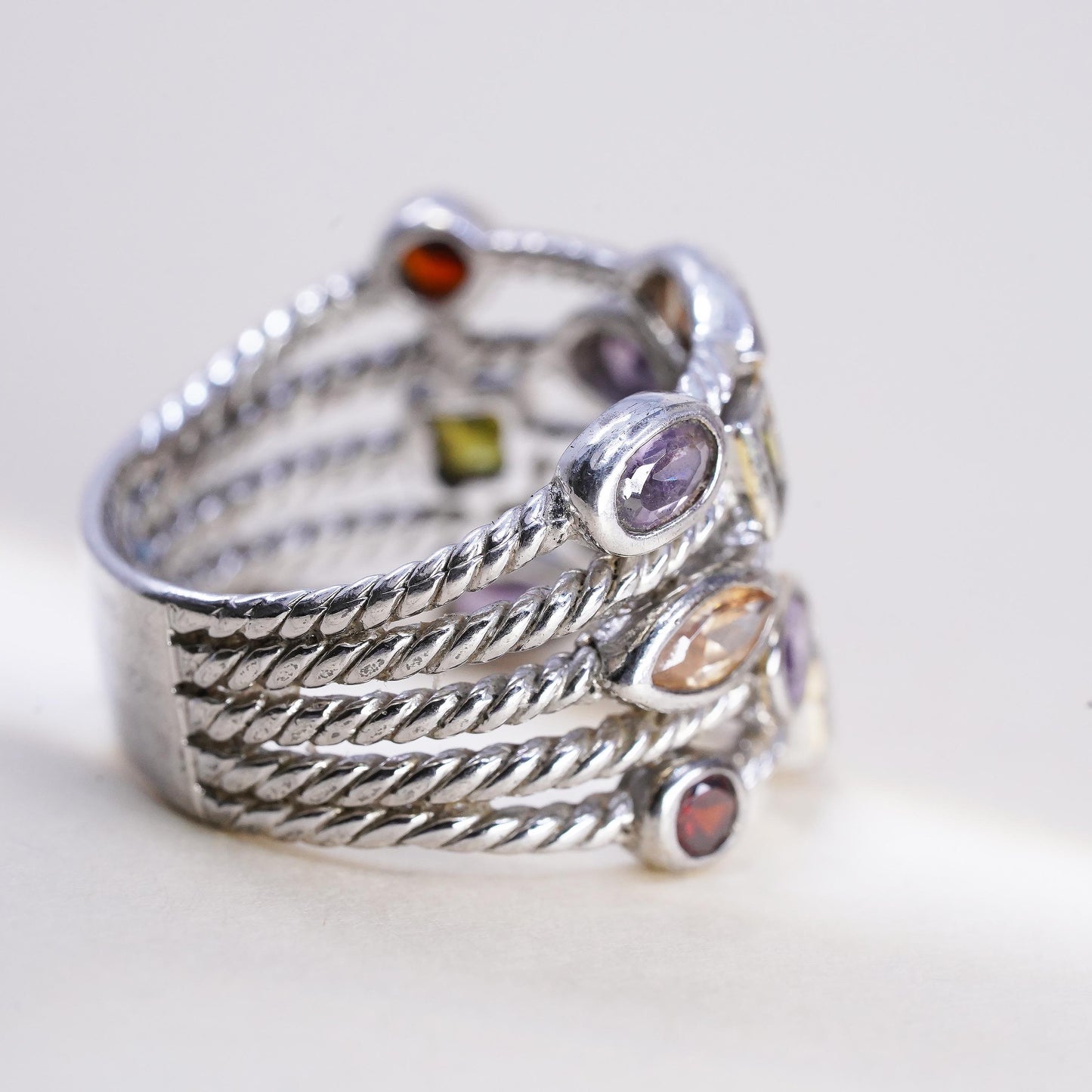 Size 9, 925 Sterling Silver Multi Gemstone Wide Cable Band Ring, Peridot Topaz