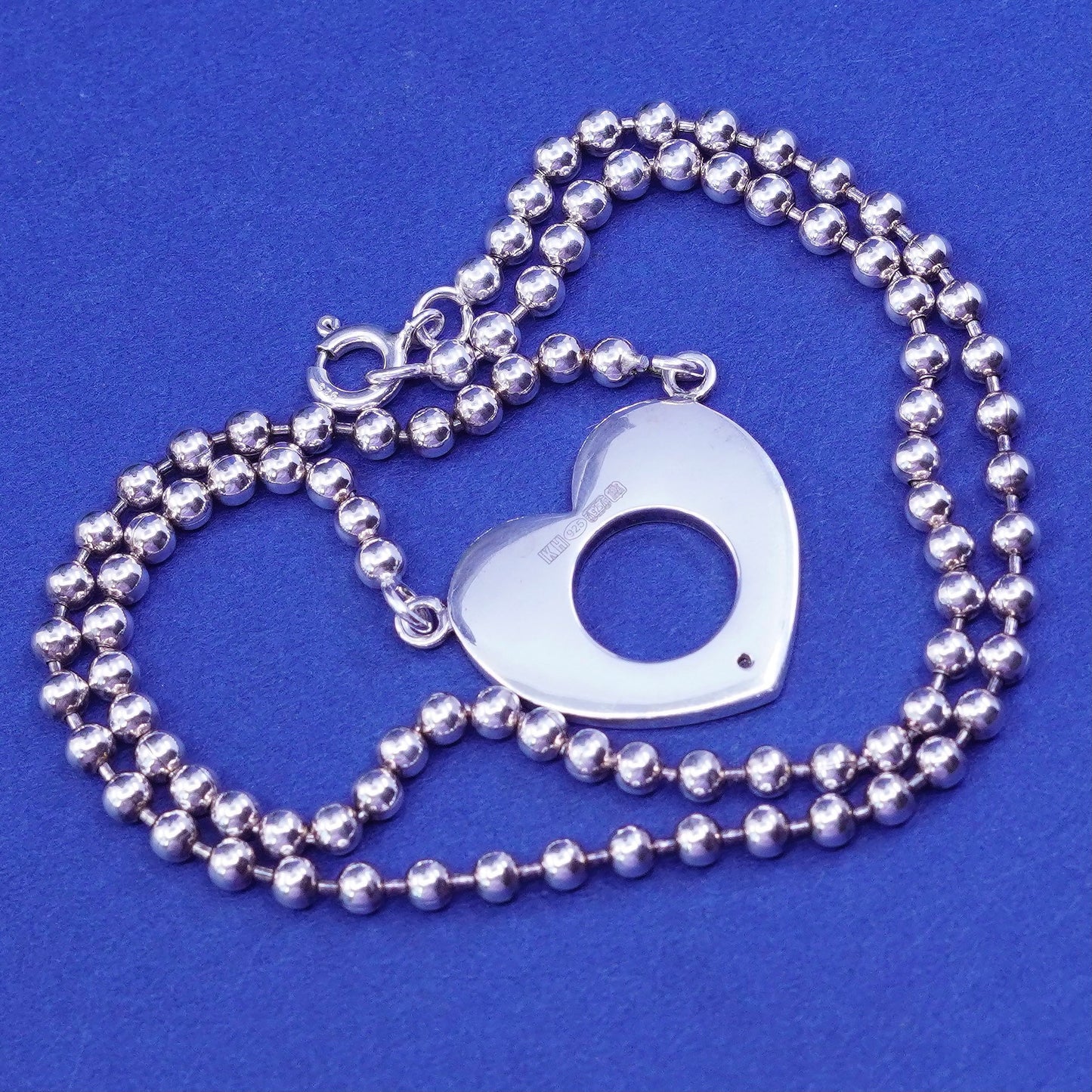 16”, 2mm, vintage Sterling silver necklace, 925 bead chain with heart pendant