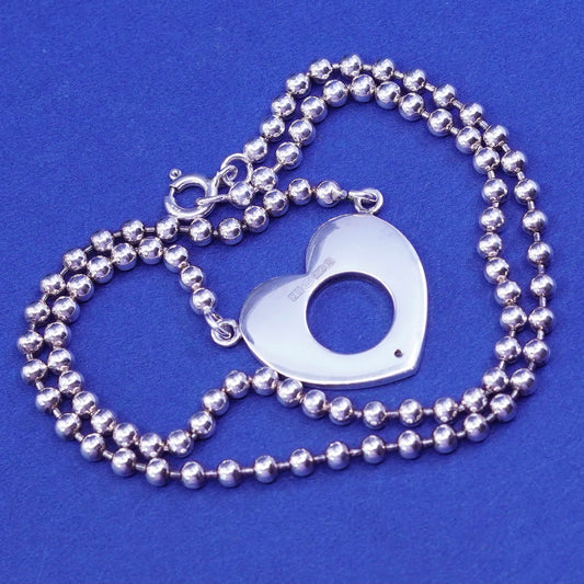16”, 2mm, vintage Sterling silver necklace, 925 bead chain with heart pendant