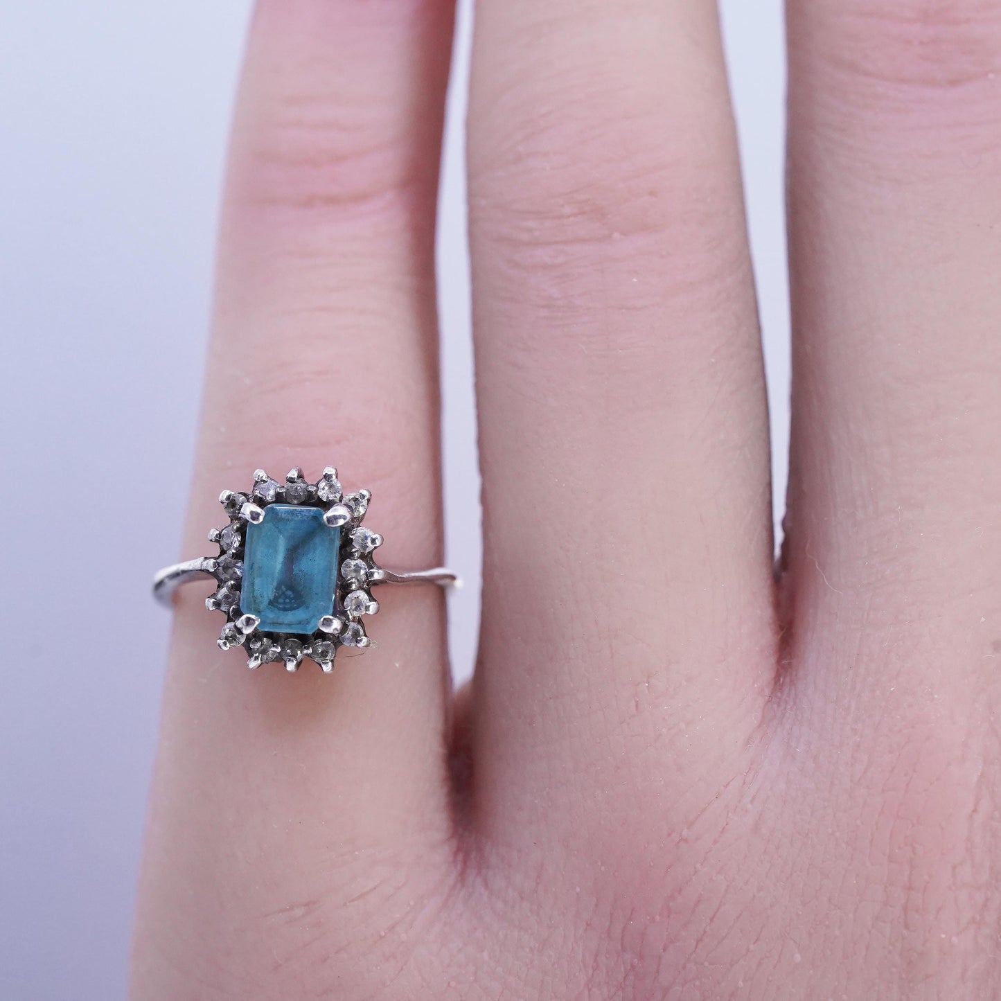 size 4.25, Vintage Sterling Silver 925 emerald cut topaz ring cluster Diamonds