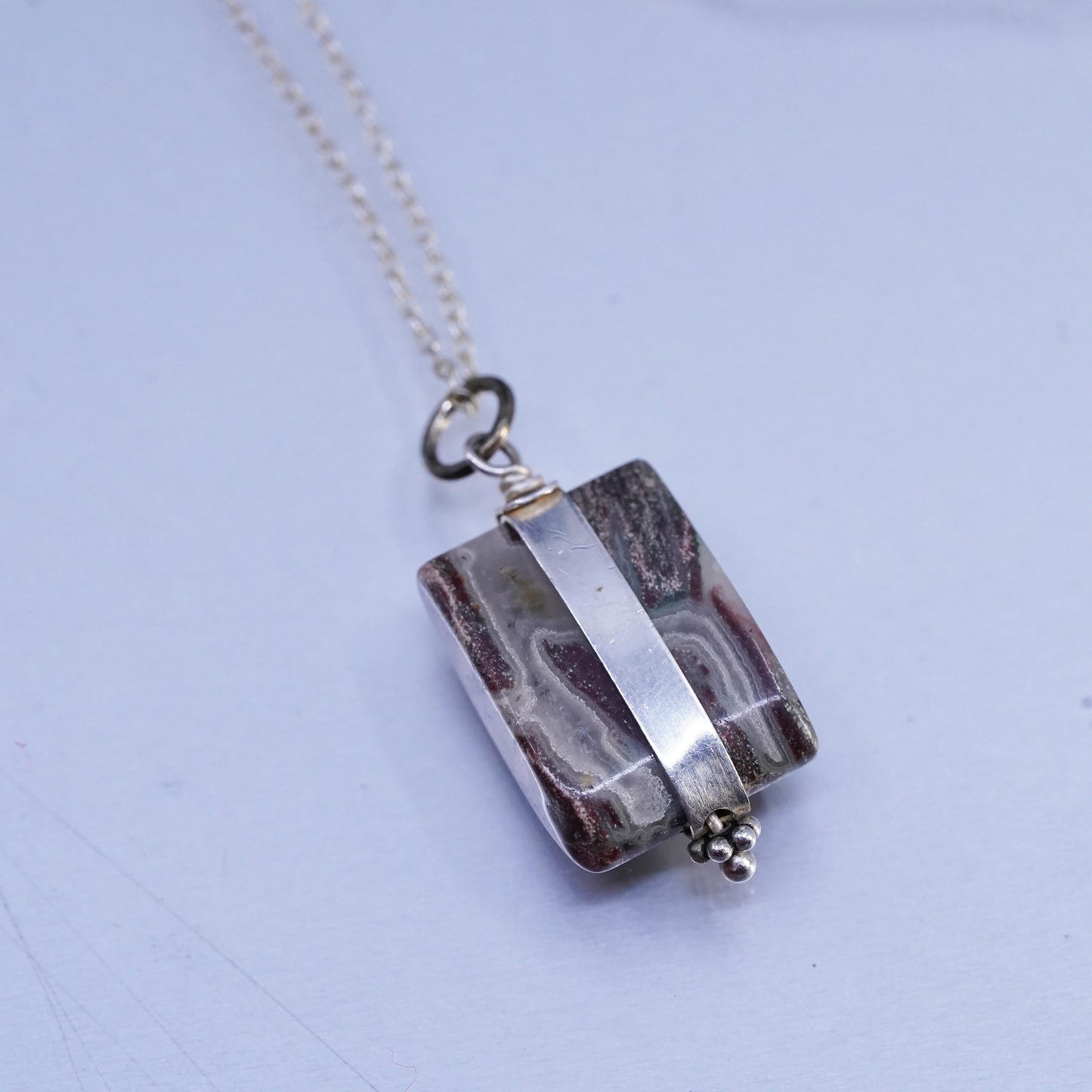 16", vintage Sterling 925 silver handmade circle necklace with agate pendant