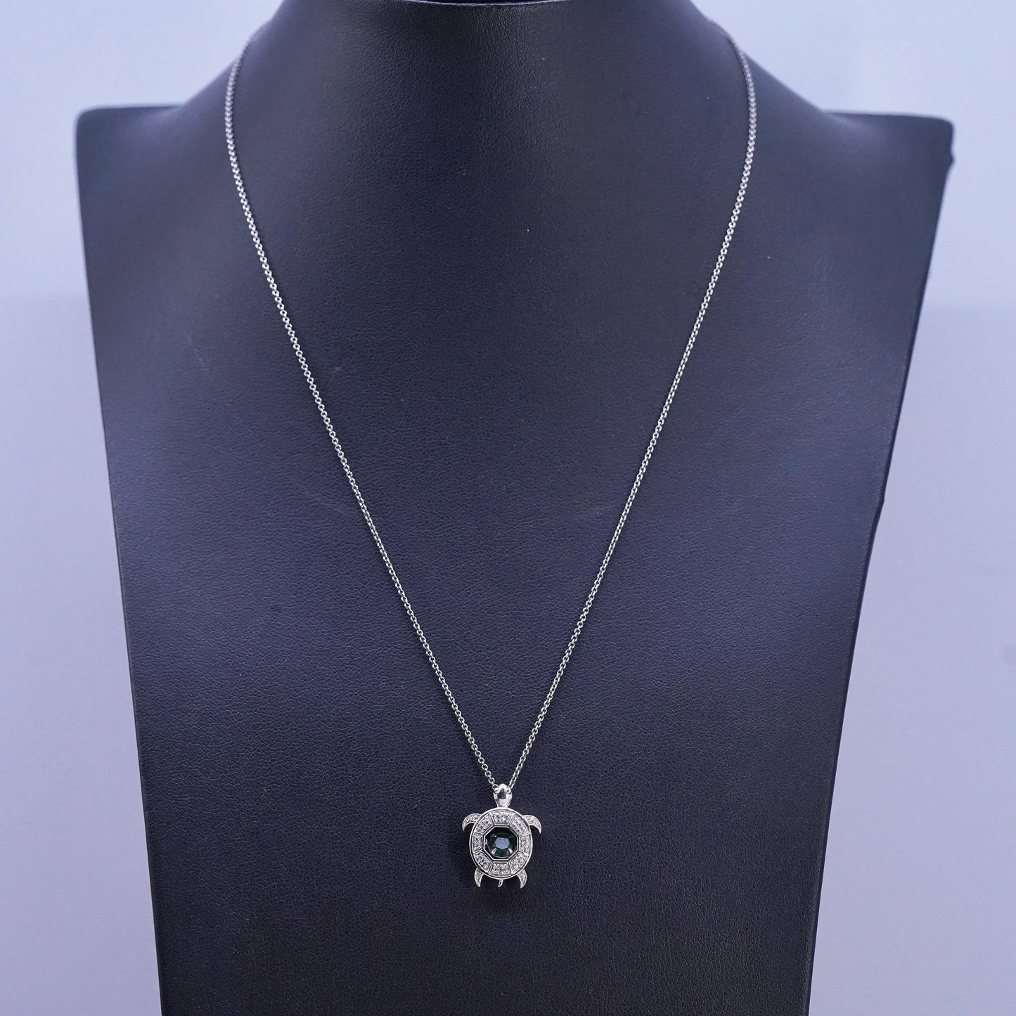 18" Sterling 925 silver circle necklace cluster diamonds emerald turtle pendant