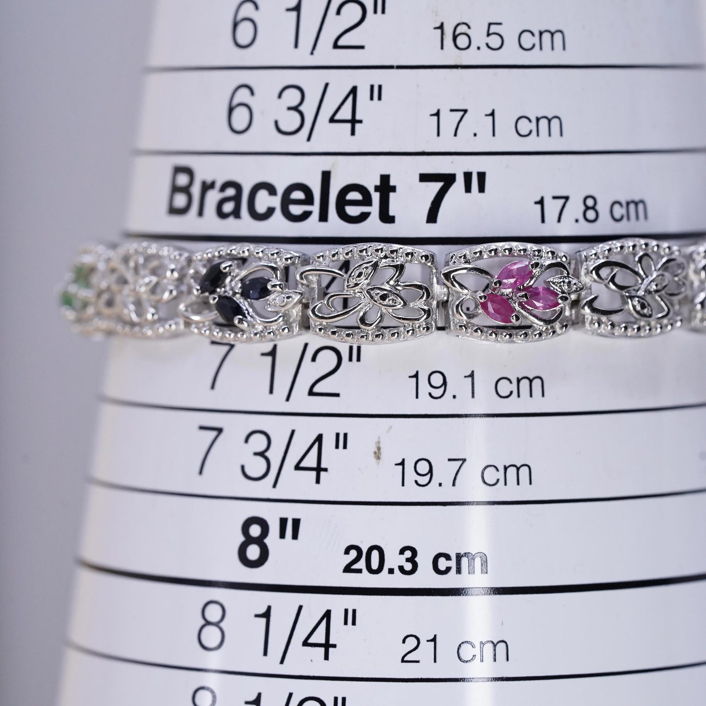 7.25", VTG Sterling 925 silver filigree tennis bracelet ruby emerald sapphire