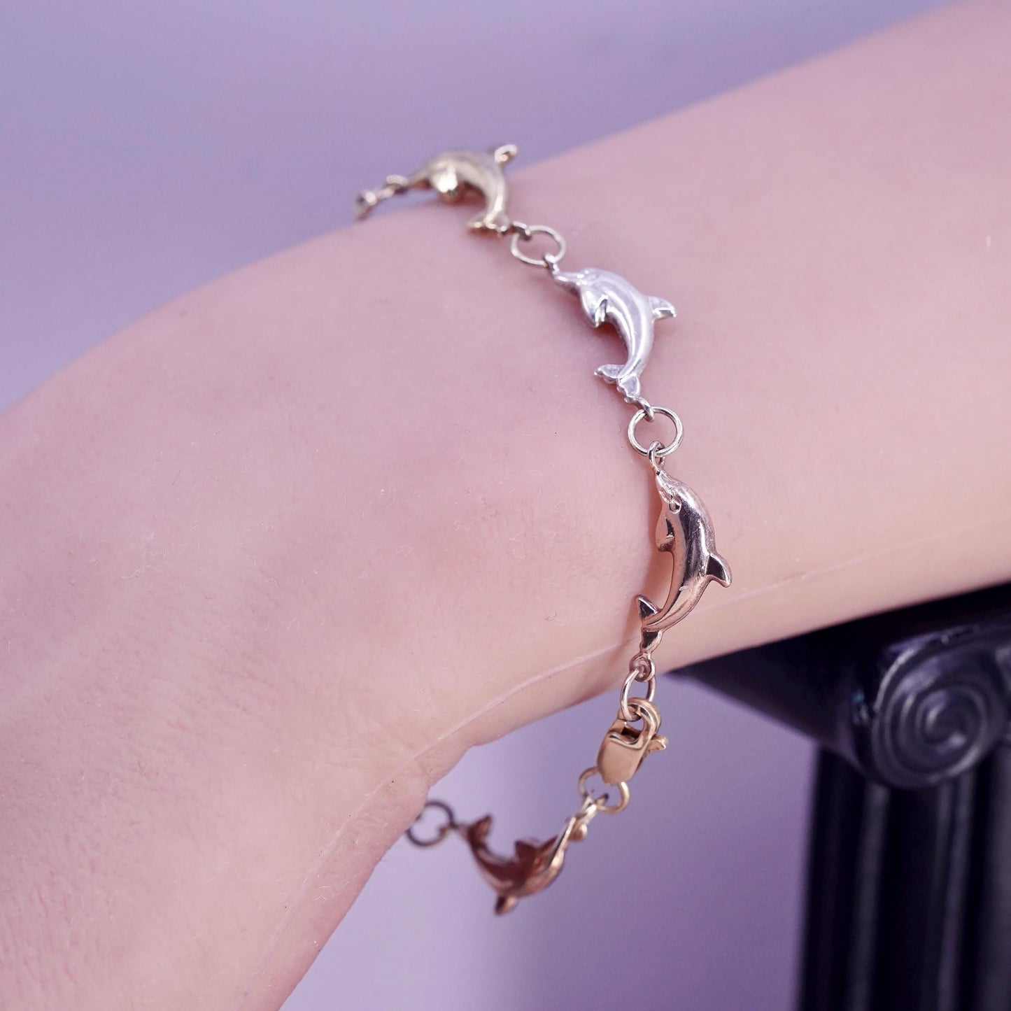 6.75”, vintage triple tone Sterling 925 silver dolphin link chain bracelet,