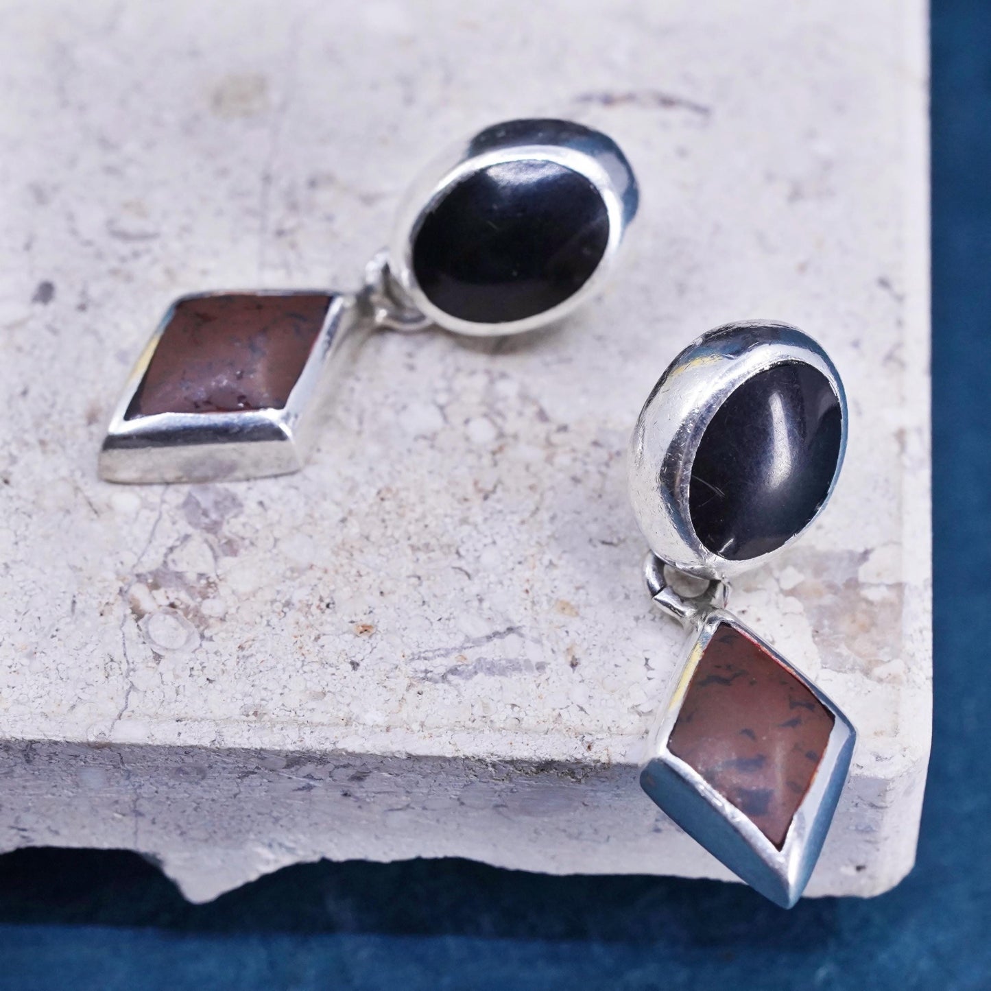 Vintage Mexican Sterling 925 silver handmade earrings with oval onyx and Jasper