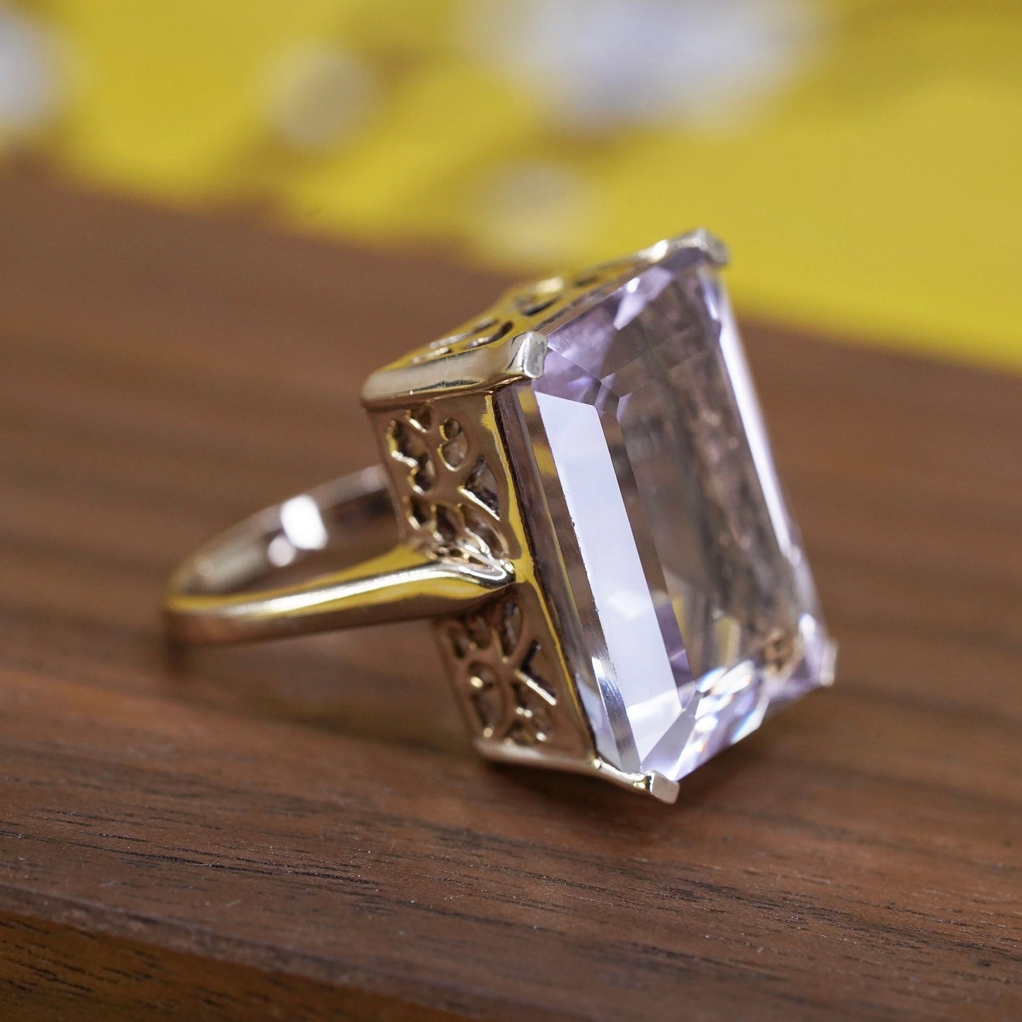 Size 6, Sterling silver cocktail ring, rose gold over 925 with amethyst crystal