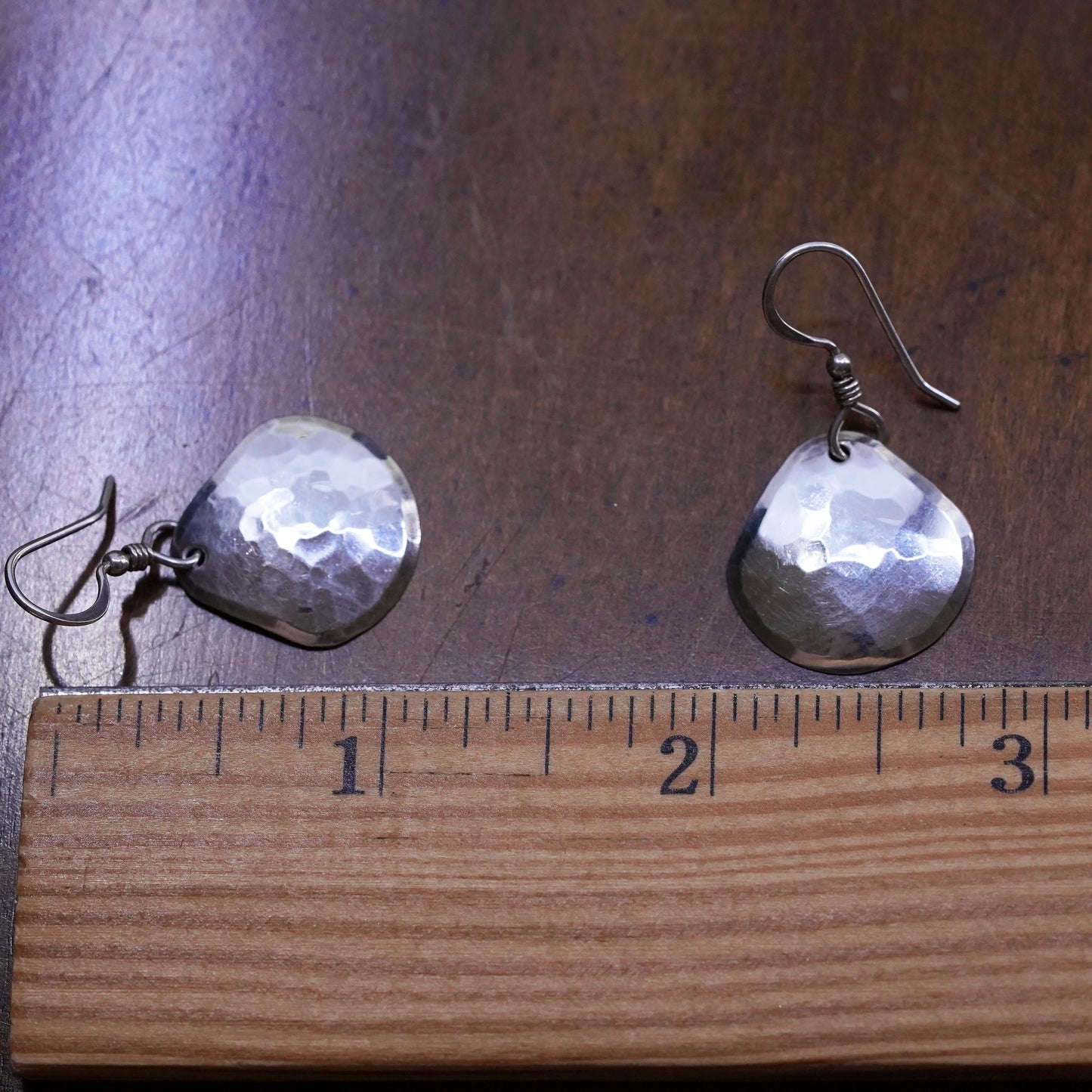 Vintage Sterling 925 Silver Hammered triangular disc Earrings