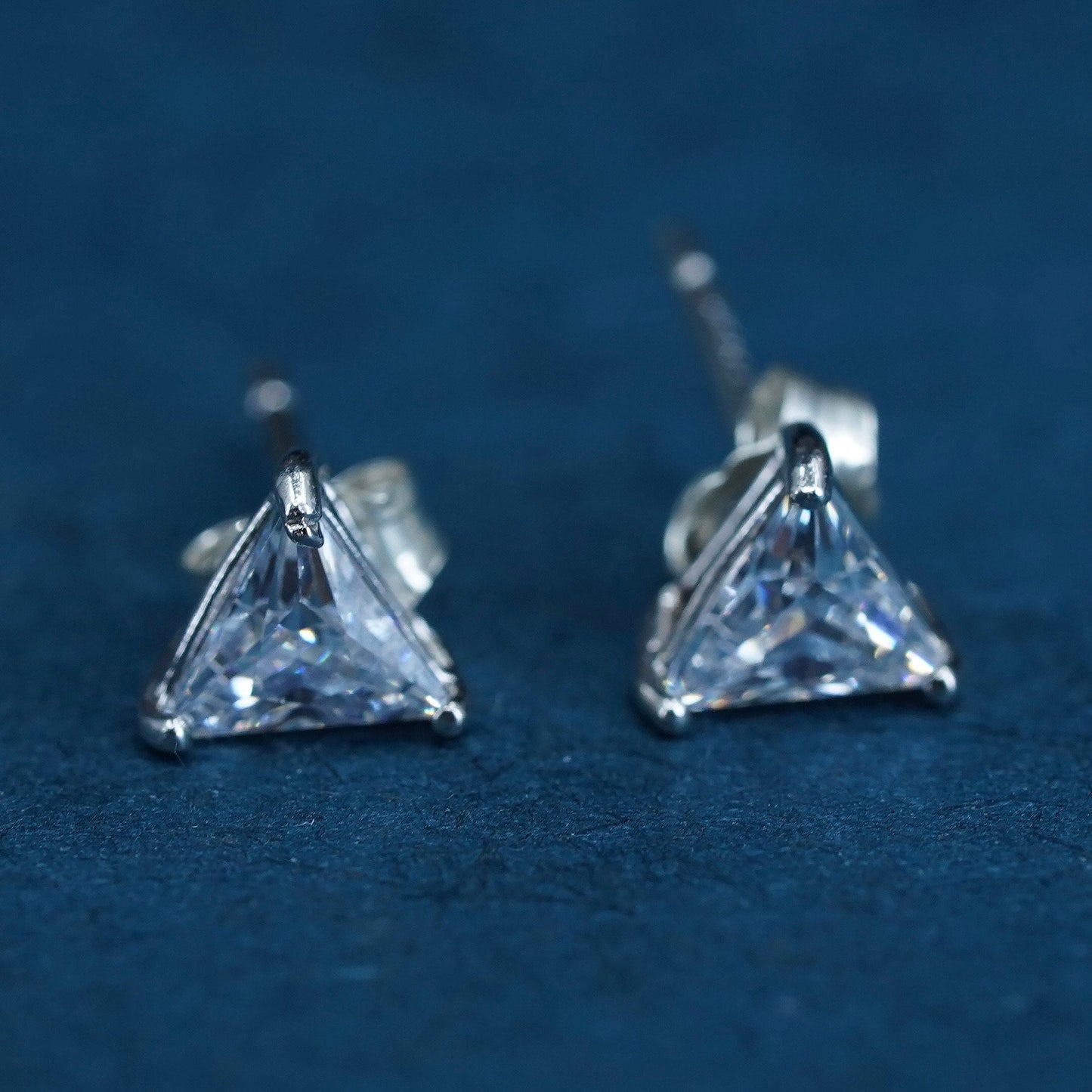 Vintage sterling silver handmade earrings, 925 triangular studs with CZ