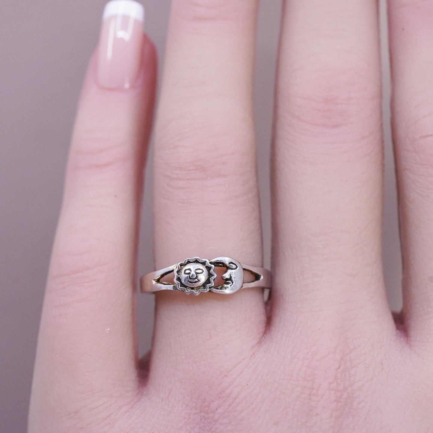 Size 7.75, vintage Sterling silver handmade ring, 925 sun moon face band