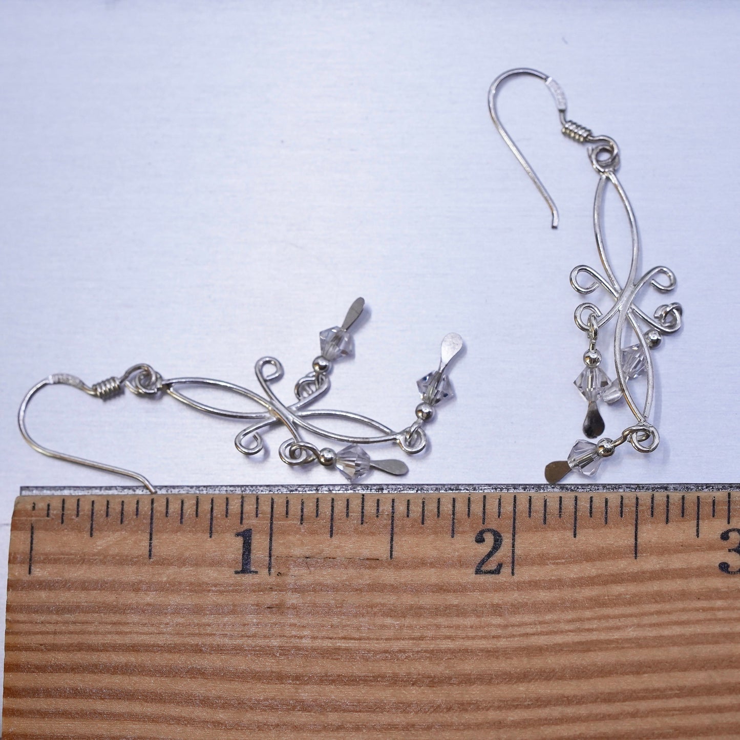 Vintage sterling silver handmade wired floral dangles and crystal, 925 earrings