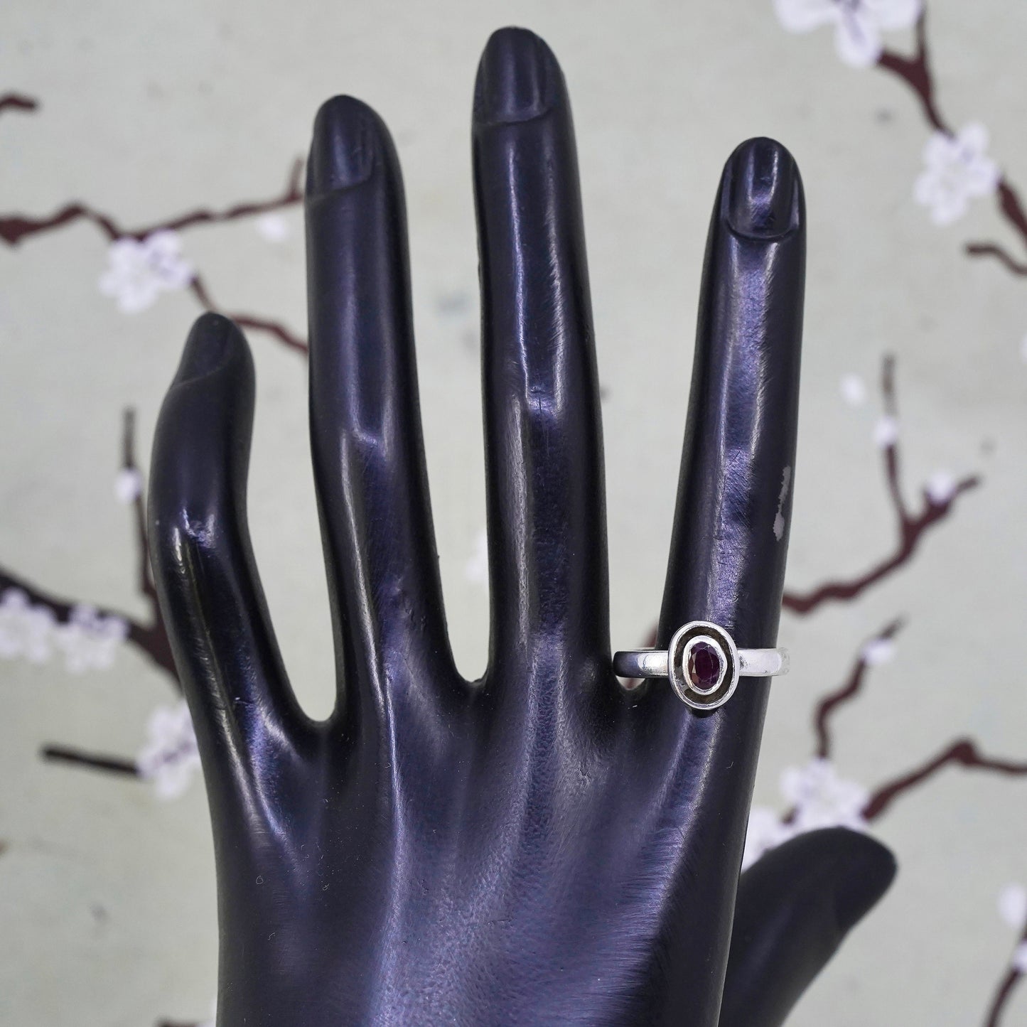 Size 8, vintage simple sterling 925 silver handmade ring with garnet