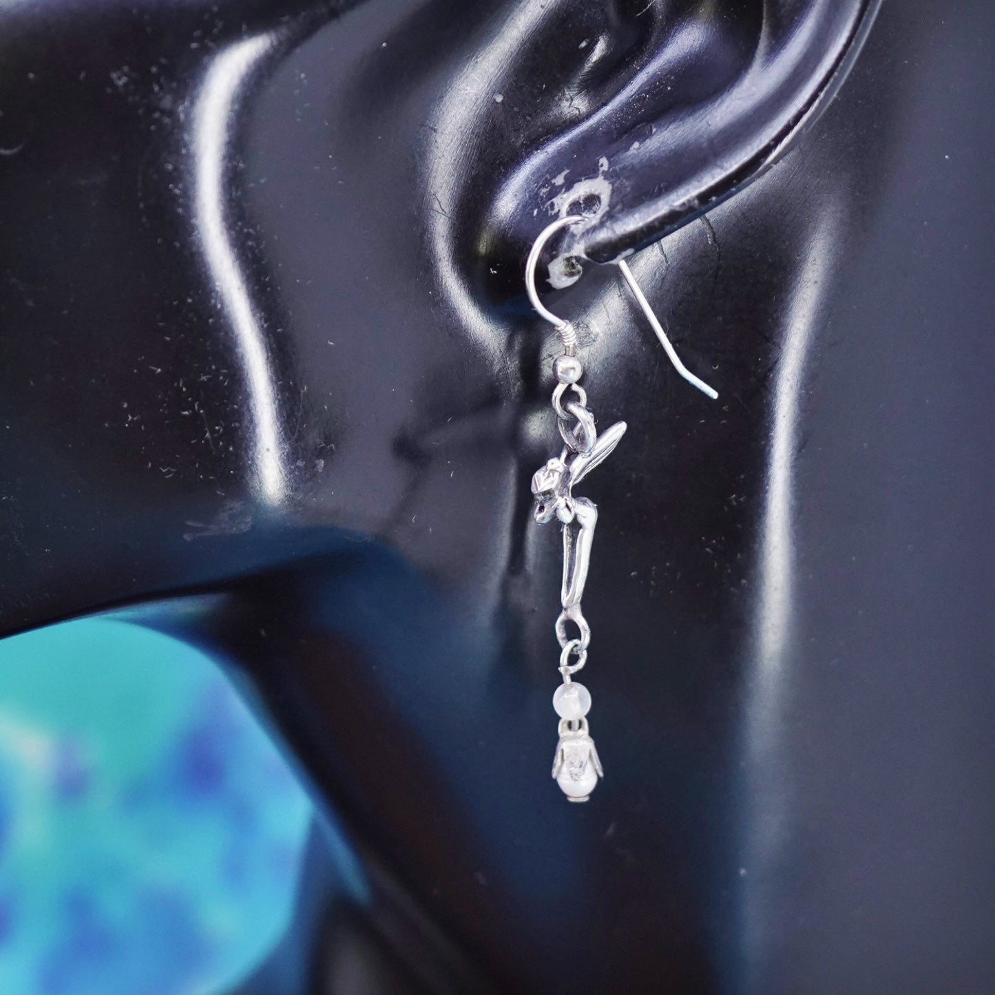 Sterling silver handmade earrings, Mexican 925 whispering fairy dangles pearl